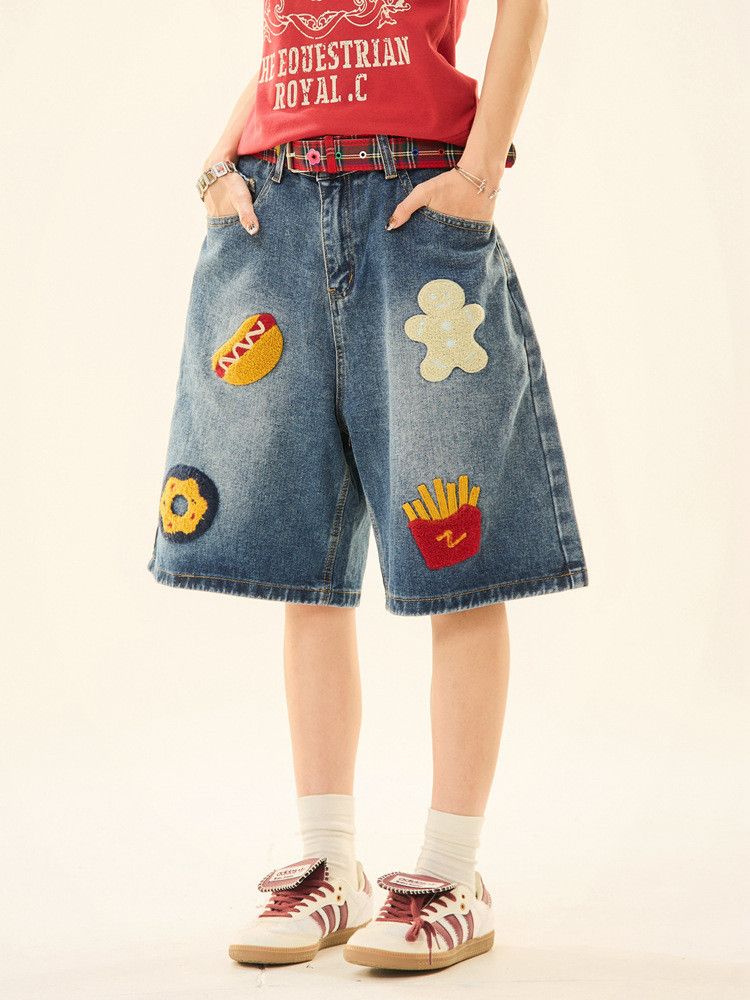 Japanese Brand American retro hamburger fries embroidered denim shorts Size US 32 / EU 48 - 2 Thumbnail