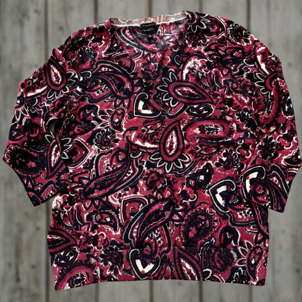 Talbots Talbots Pure Merino Wool Sweater Womens L Pink Black Paisley 3/4 Sleeve V-Neck Pullover Regular Size L / US 10 / IT 46 - 1 Thumbnail