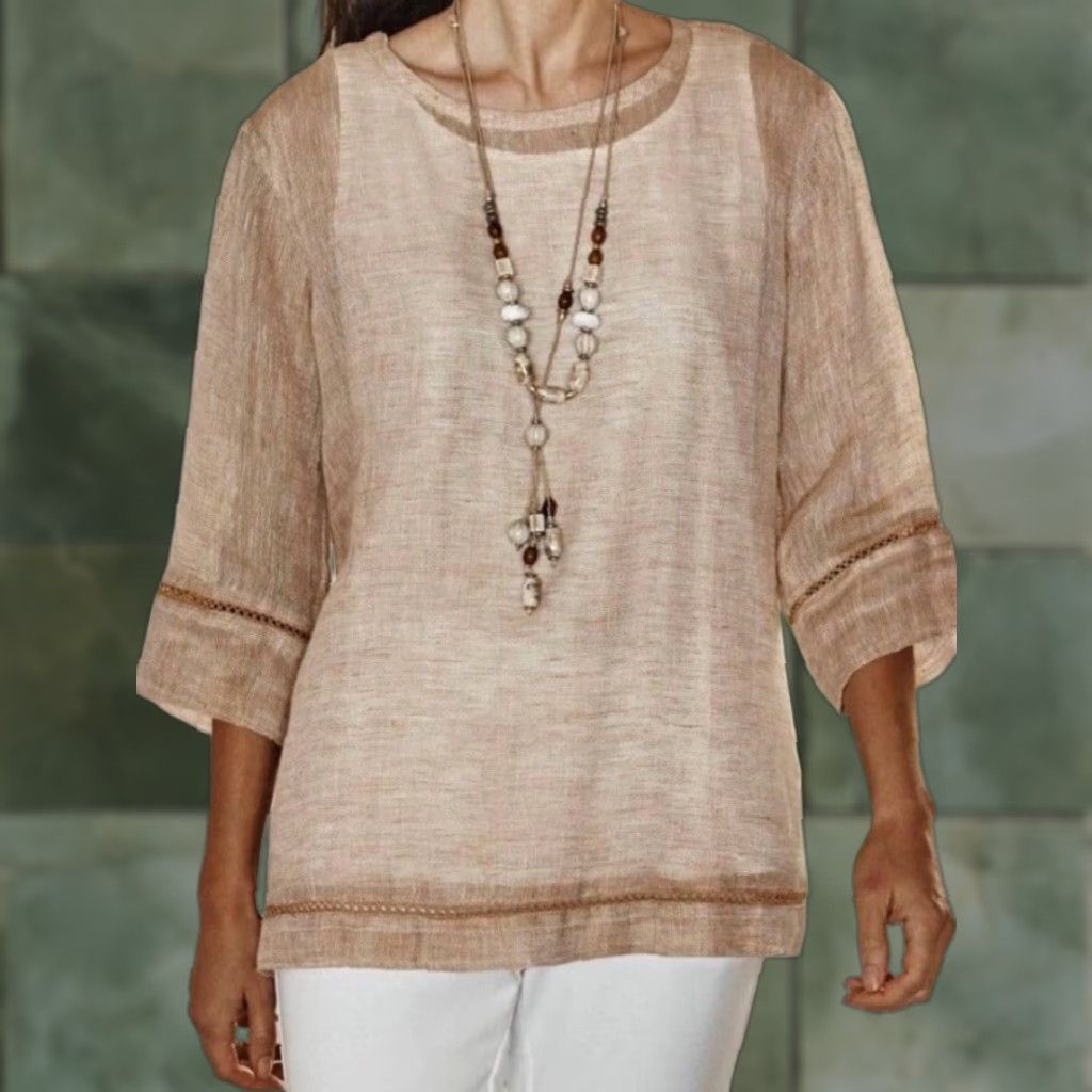 VINTAGE NWT J. Jill Love Linen Womens Blouse Beige White 3/4 Sleeve Scoop Neck Petites L (Note: If item is not vintage omit 