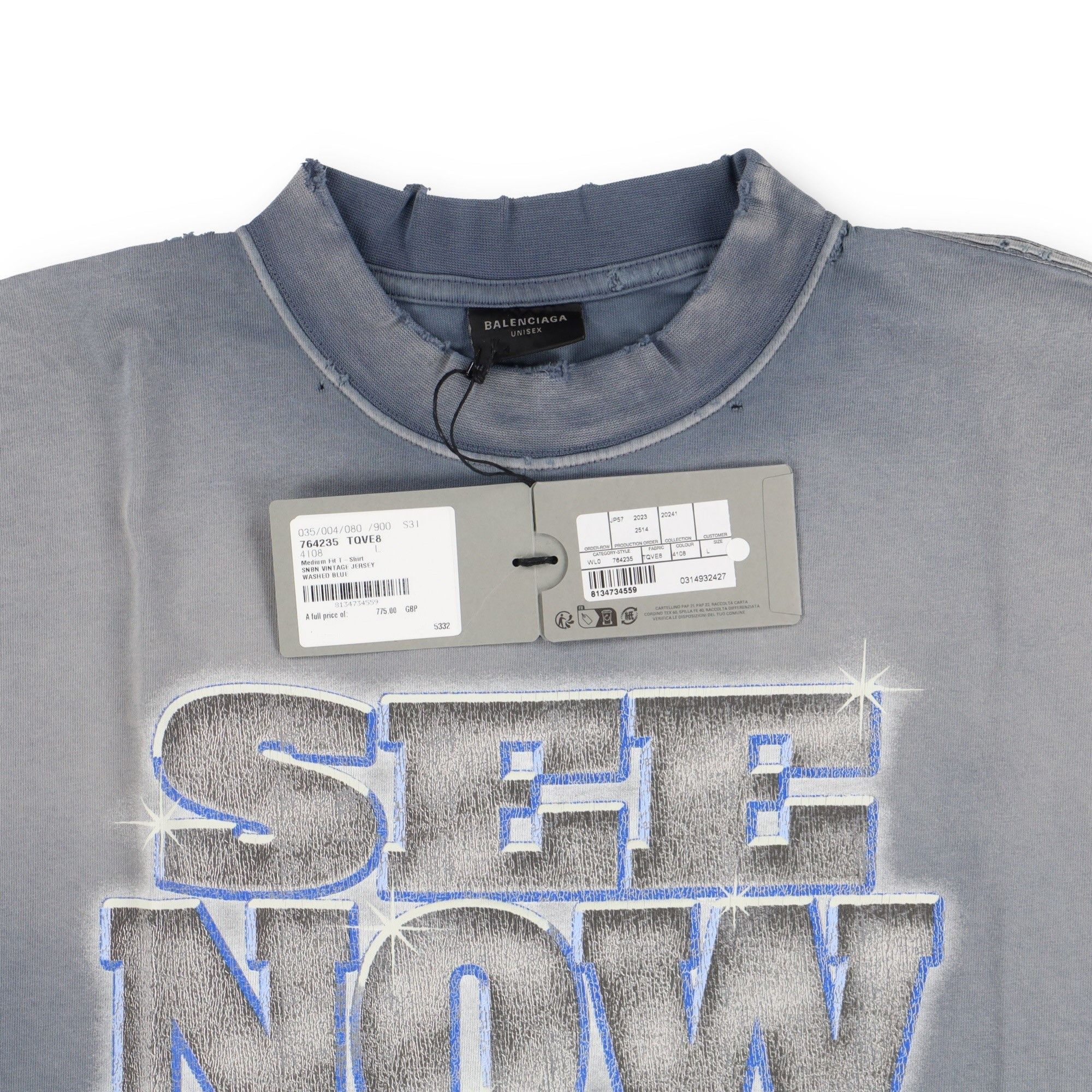 Balenciaga Washed Blue Distressed SNBN Logo Oversized T-Shirt Size L / US 10 / IT 46 - 7 Thumbnail