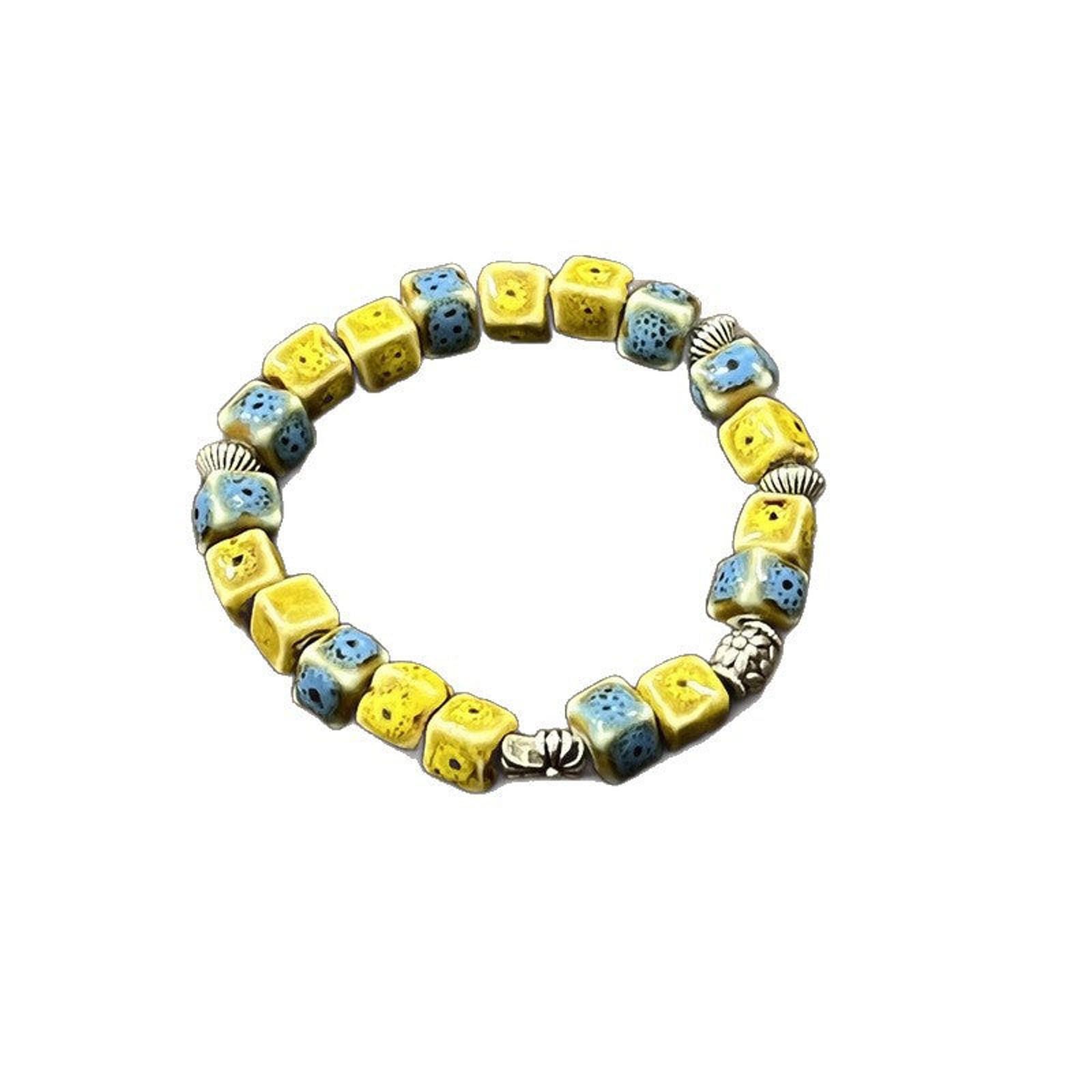 Vintage Yellow Blue Ceramic Beaded Bracelet, Handmade Beads Size ONE SIZE - 6 Thumbnail
