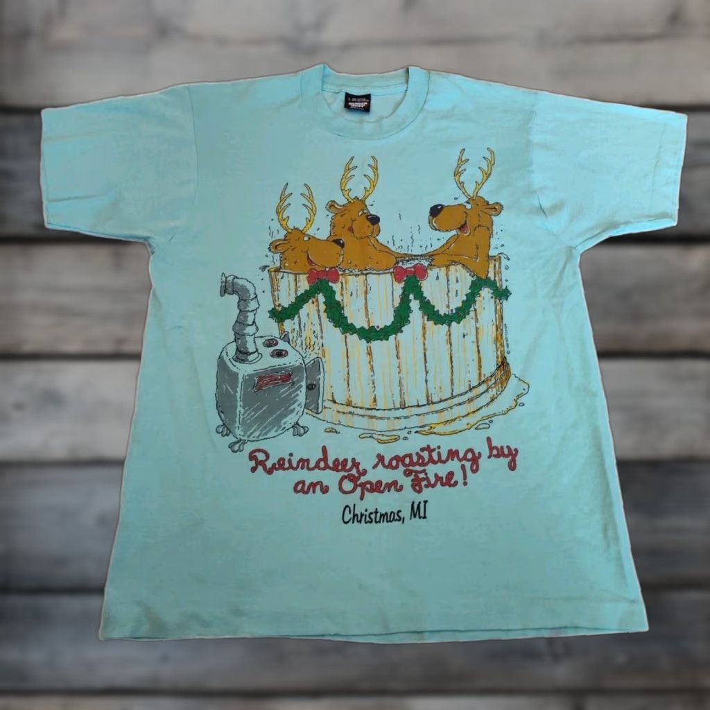 Vintage VINTAGE screen Stars best T-Shirt Mens L Blue Reindeer Funny 80s 1988 Hot Cotton Graphic Single Stitch USA Made Christmas Michigan Size US L / EU 52-54 / 3 - 1 Thumbnail