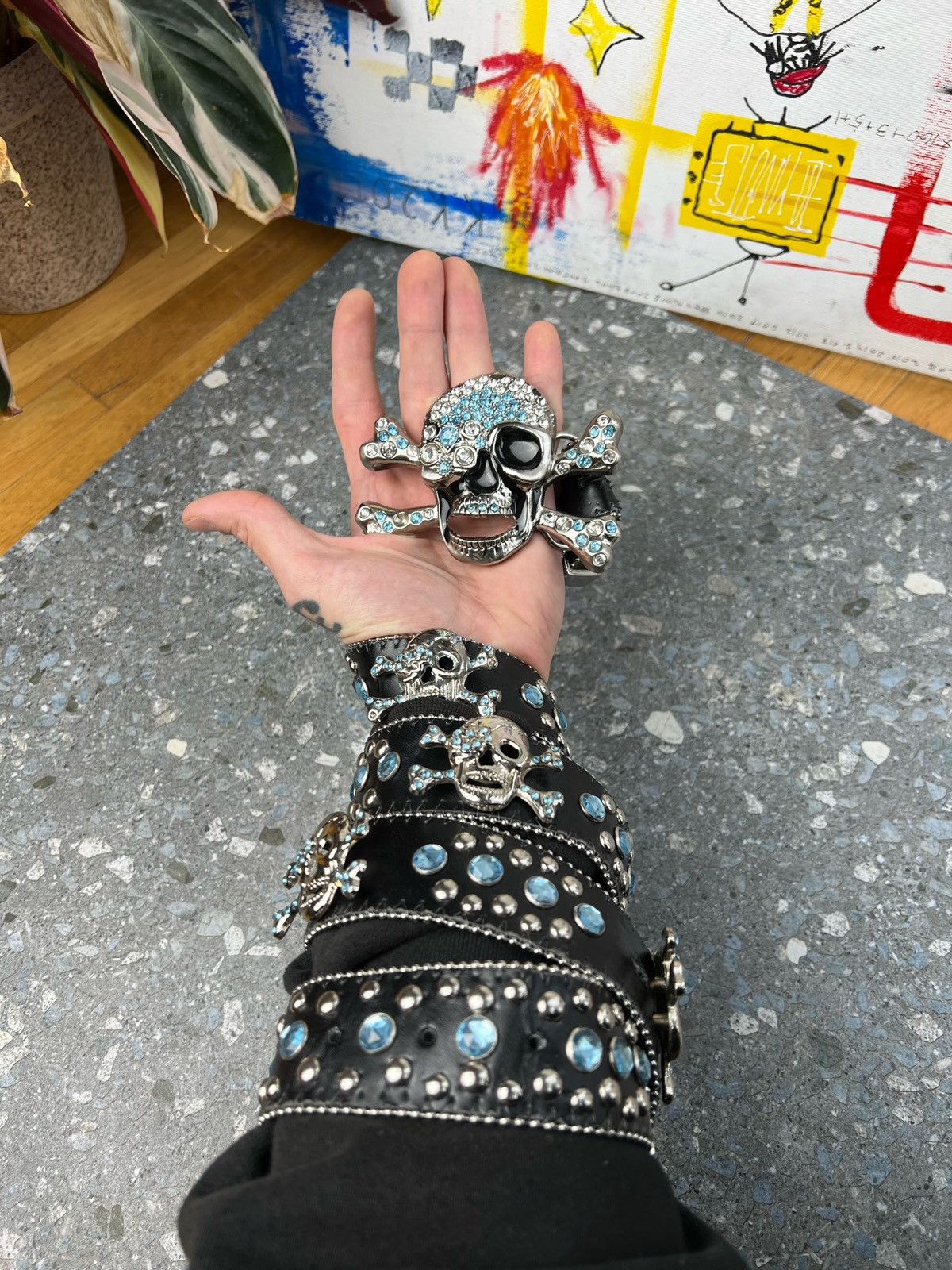 Japanese Brand × Vintage Rhinestone Skull Buckle Belt crystals Size ONE SIZE - 3 Thumbnail