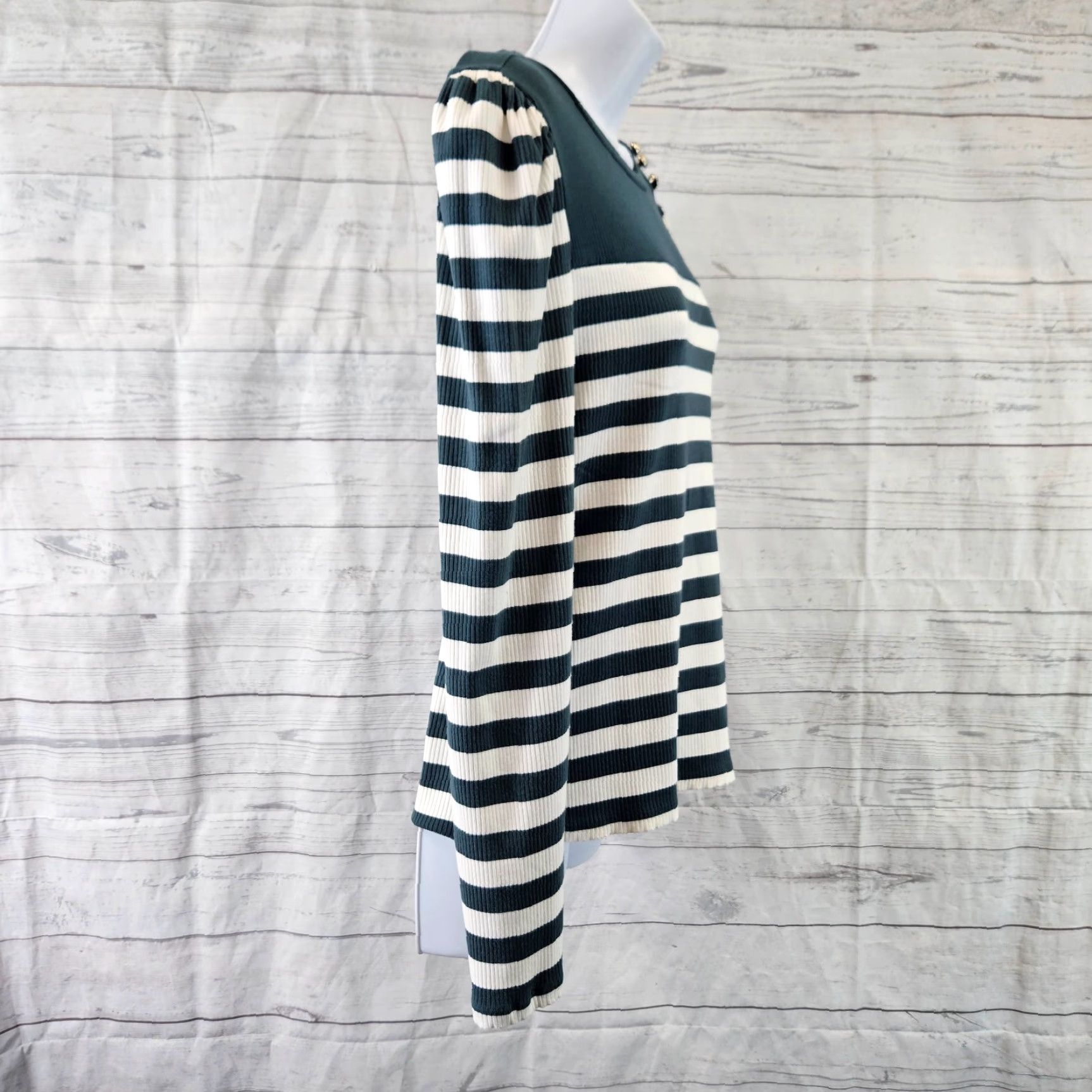 Ann Taylor Ann Taylor Womens Top Medium Teal White Stripe Ribbed Long Sleeve Rayon Size M / US 6-8 / IT 42-44 - 3 Thumbnail