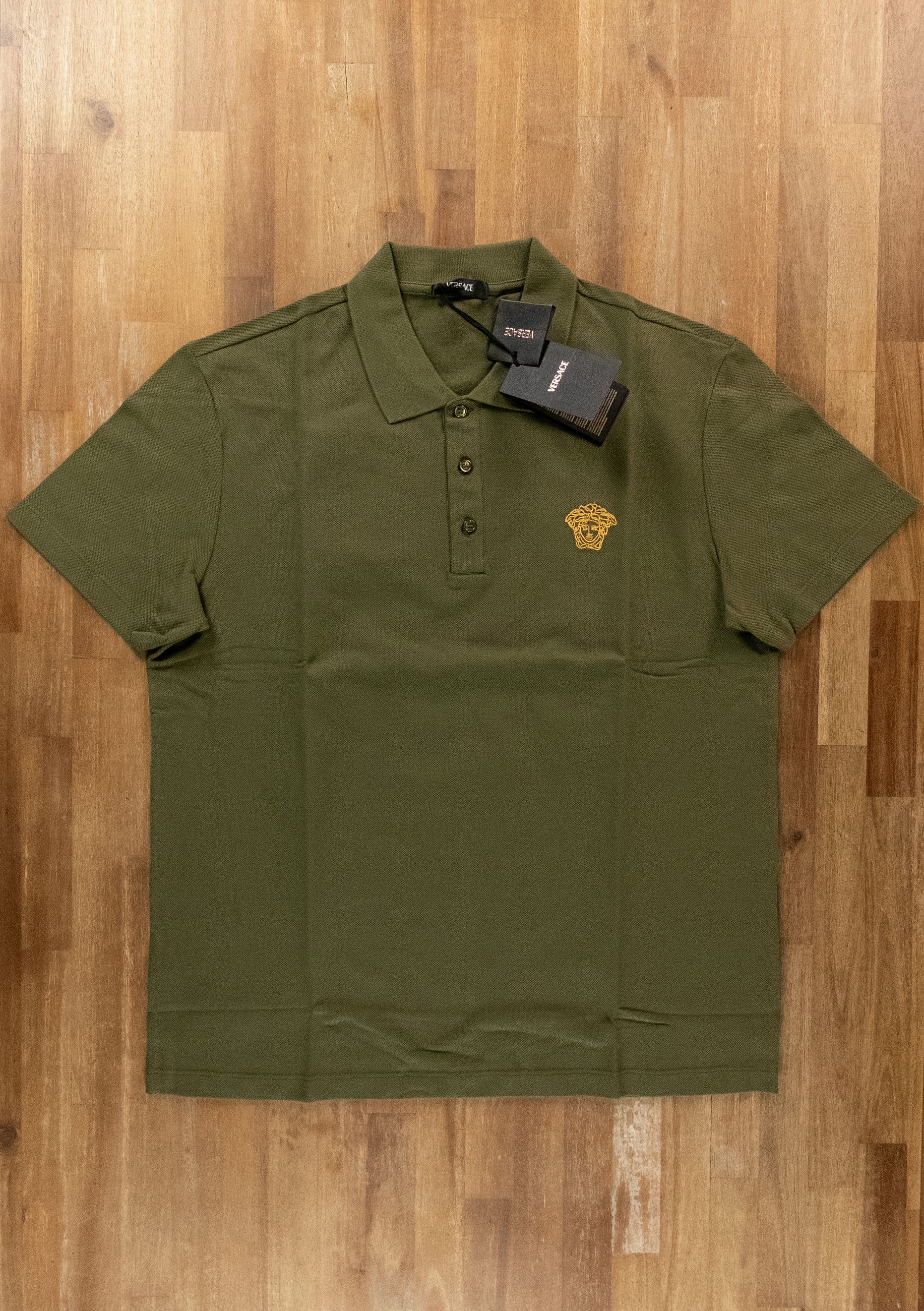 VERSACE khaki green Medusa chest logo polo shirt XL