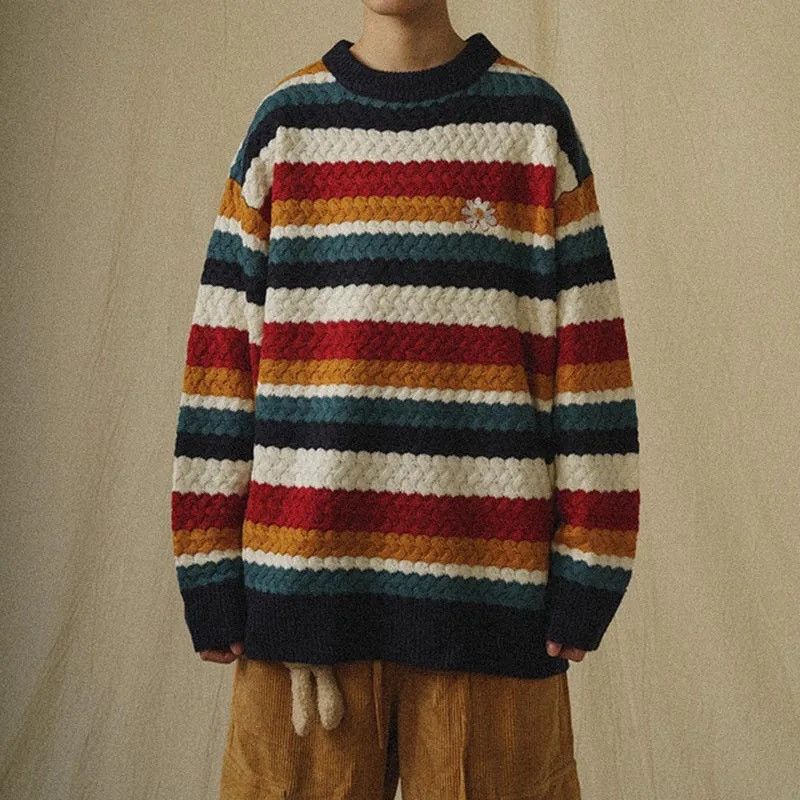 Coloured Vintage Rainbow Daisy Cable Knit Sweater Pullover