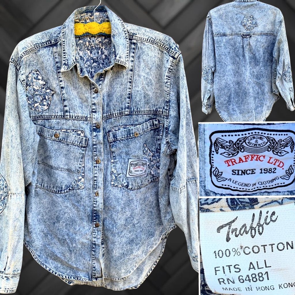 Denime VINTAGE Traffic Acid Wash Denim Shirt Patchwork Elbow Patches One Size 80s 90s Blue Denim Shirt Womens/ mens Size ONE SIZE - 1 Thumbnail