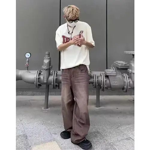 image of Vintage Washed Flared Fade Baggy Hiphop Jeans in Brown, Men's (Size 34)