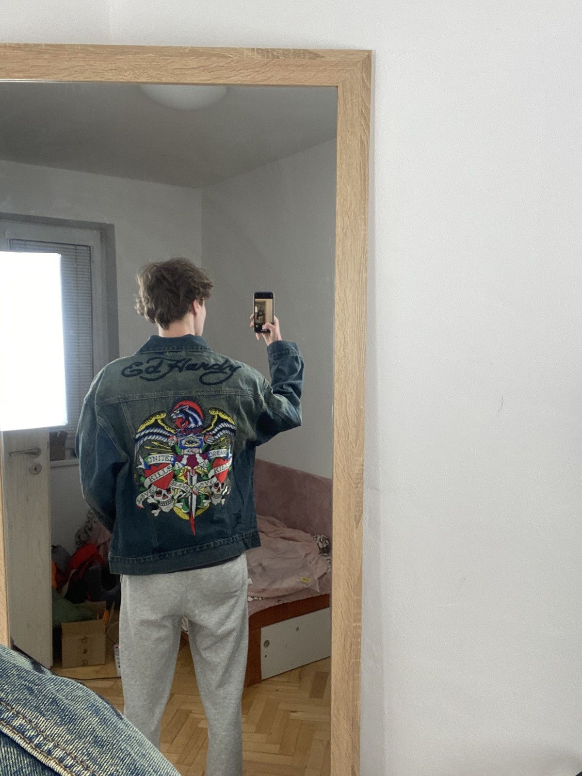 Oversized washed blue denim jacket big logo by Ed Hardy