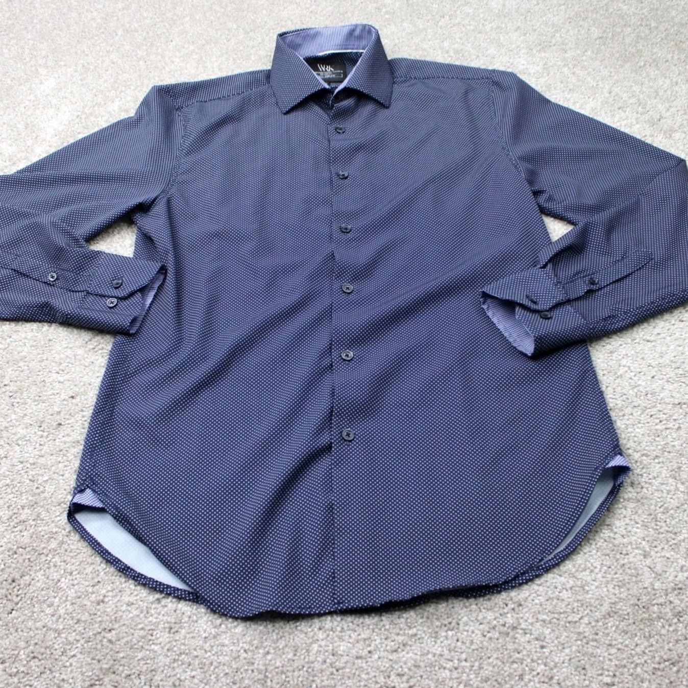 Vintage WRK Dress Shirt Men 15 Blue Geometric 4-Way Stretch Polyester Stretch L/S Button Shirt Mens Blue Geometric 4-Way Stretch Dress Shirt Size 40R - 3 Thumbnail
