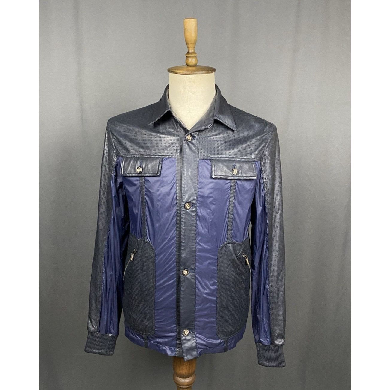 Testoni MINT! A.Testoni Men's Blue Black Nylon Leather Jacket Size M Size US M / EU 48-50 / 2 - 1 Thumbnail