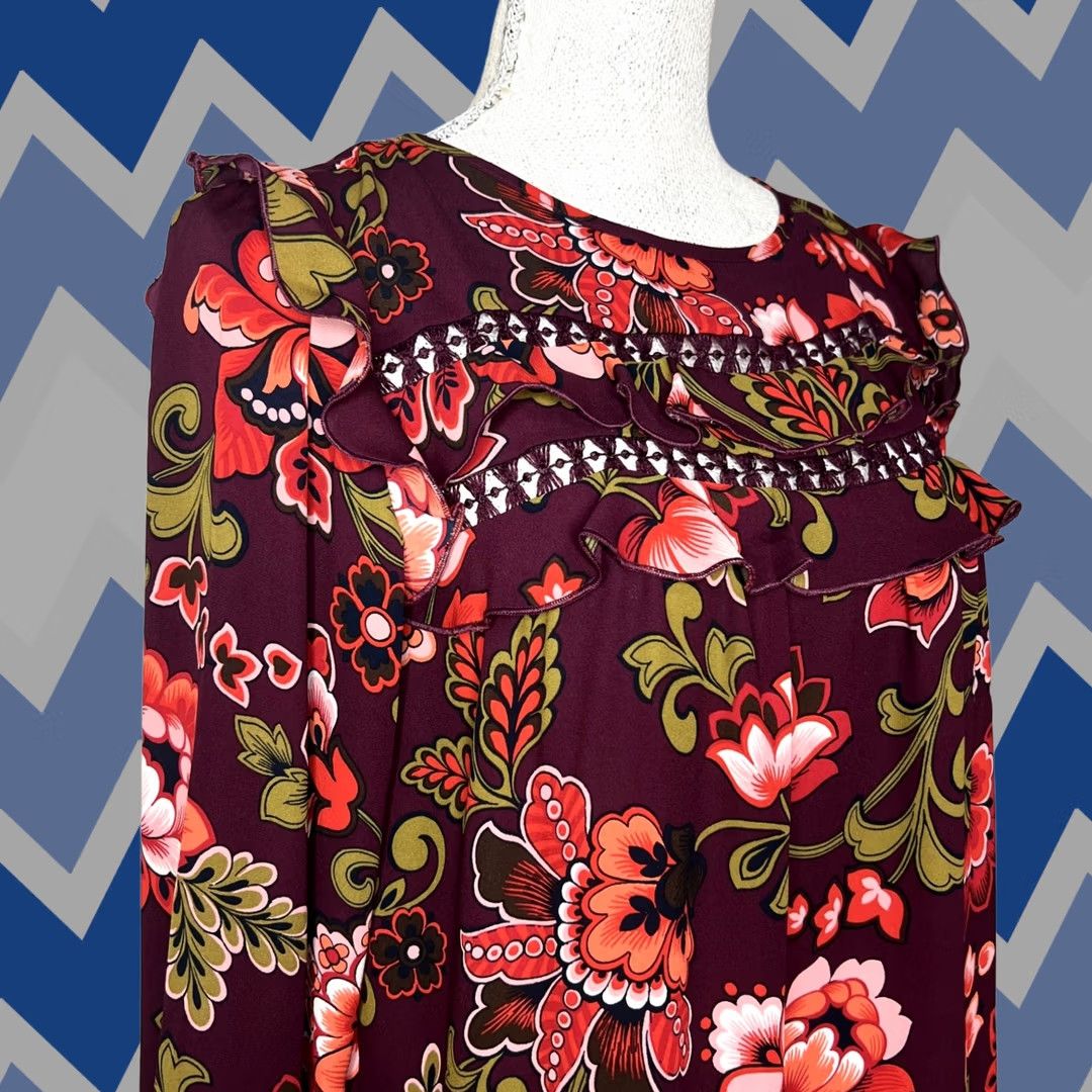 Loft LOFT Floral Crochet Long Sleeve Ruffle Top Womens XS Burgundy Red Olive Green Boho OfficeBlouse Size XS / US 0-2 / IT 36-38 - 1 Thumbnail