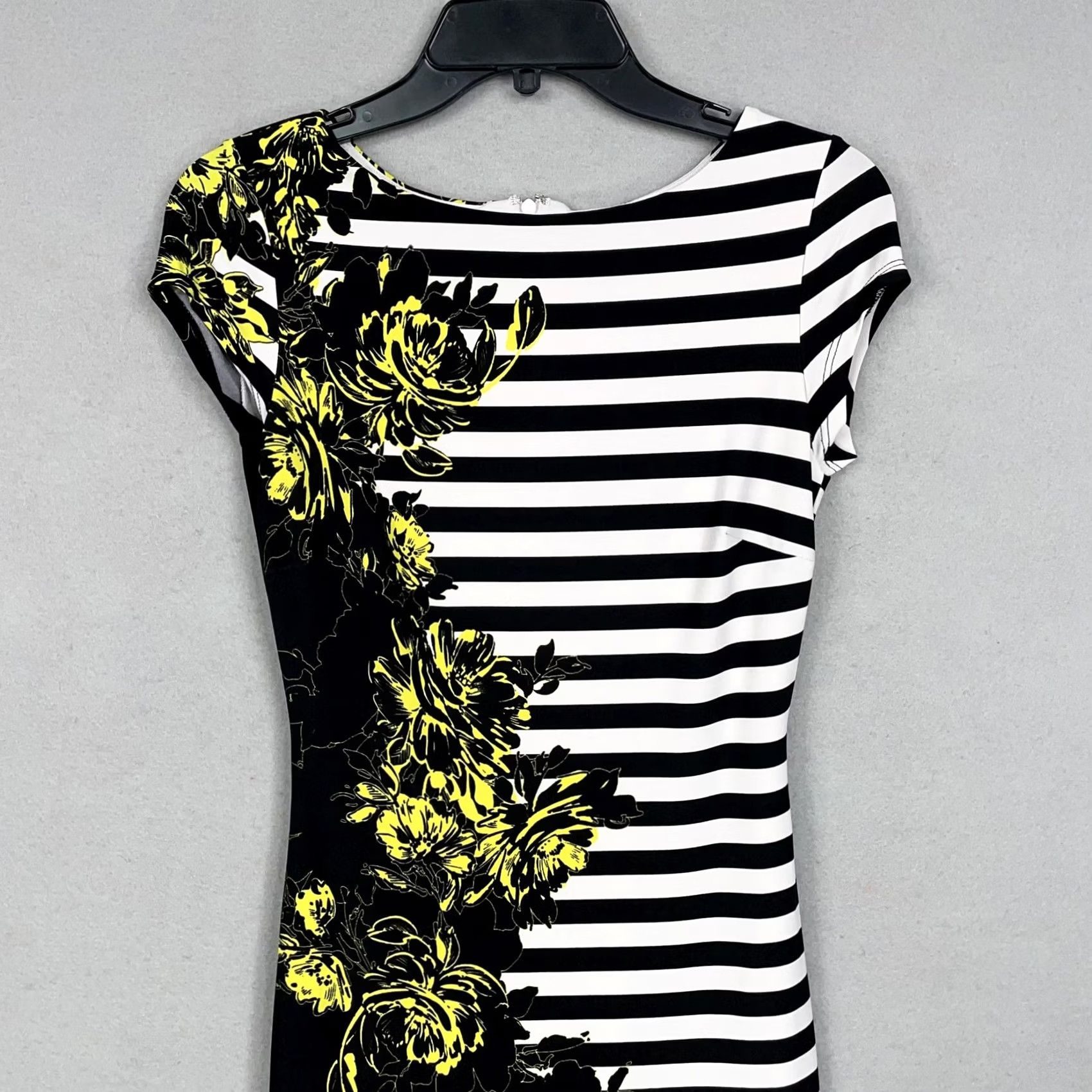 Vintage Cache Dress Womens Black White Stripe Yellow Floral Stretch Sheath Bodycon XS Size XS / US 0-2 / IT 36-38 - 2 Thumbnail