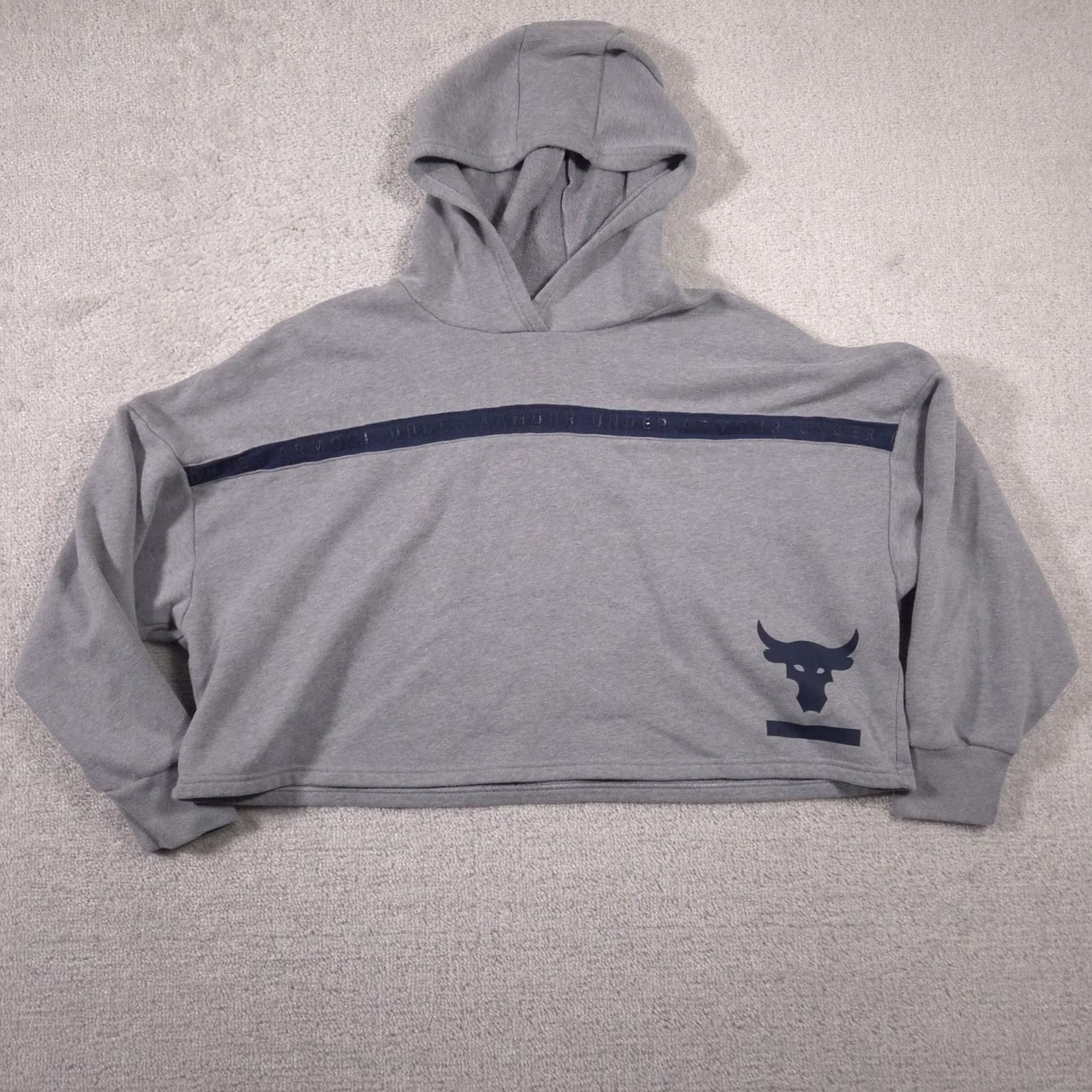 Under Armour VINTAGE Under Armour Hoodie Sweatshirt Womens Large Gray Project Rock Crop Bull Loose Size L / US 10 / IT 46 - 2 Thumbnail