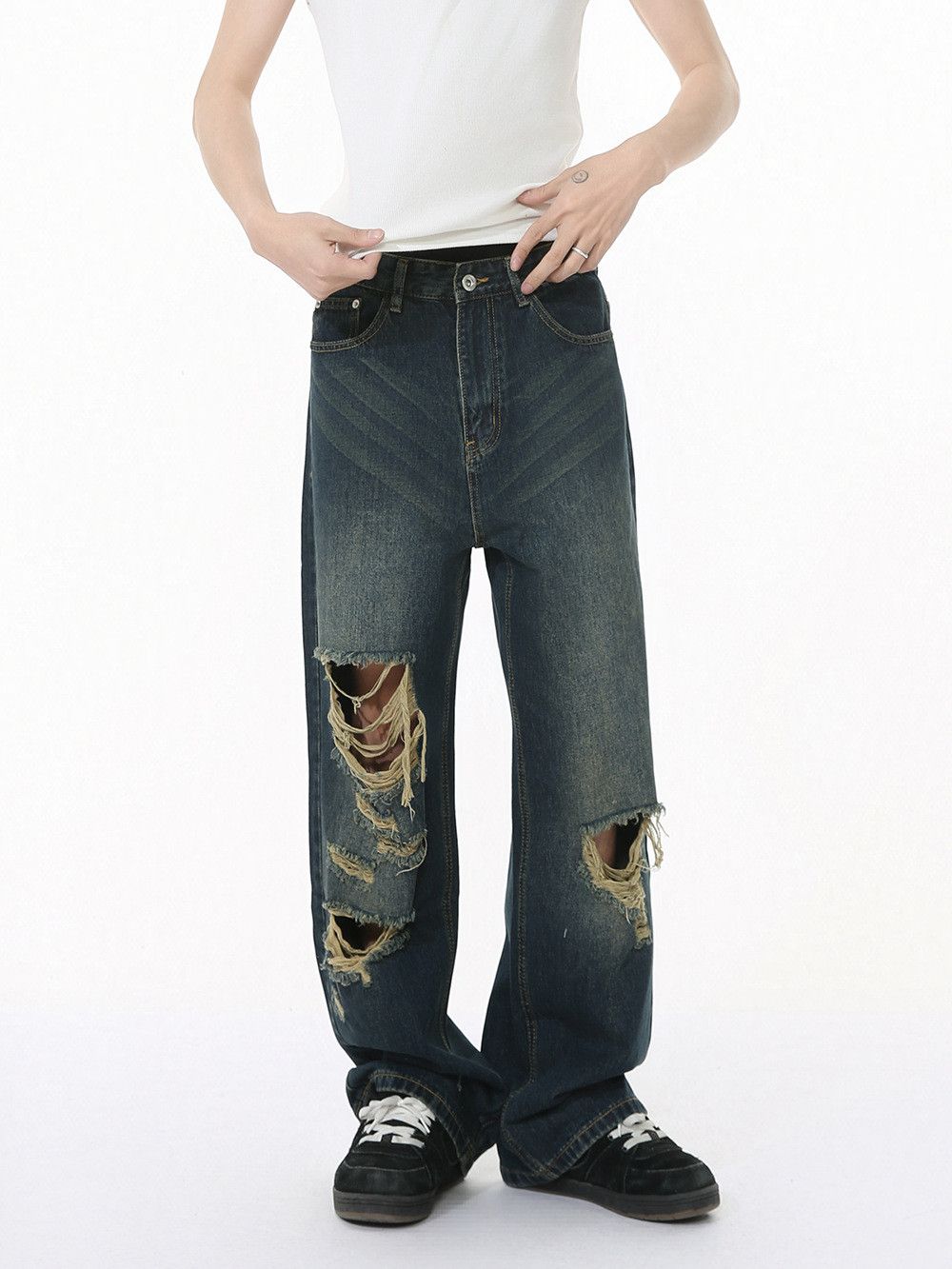 Japanese Brand × Vintage Men's ripped loose straight jeans Size US 34 / EU 50 - 4 Thumbnail