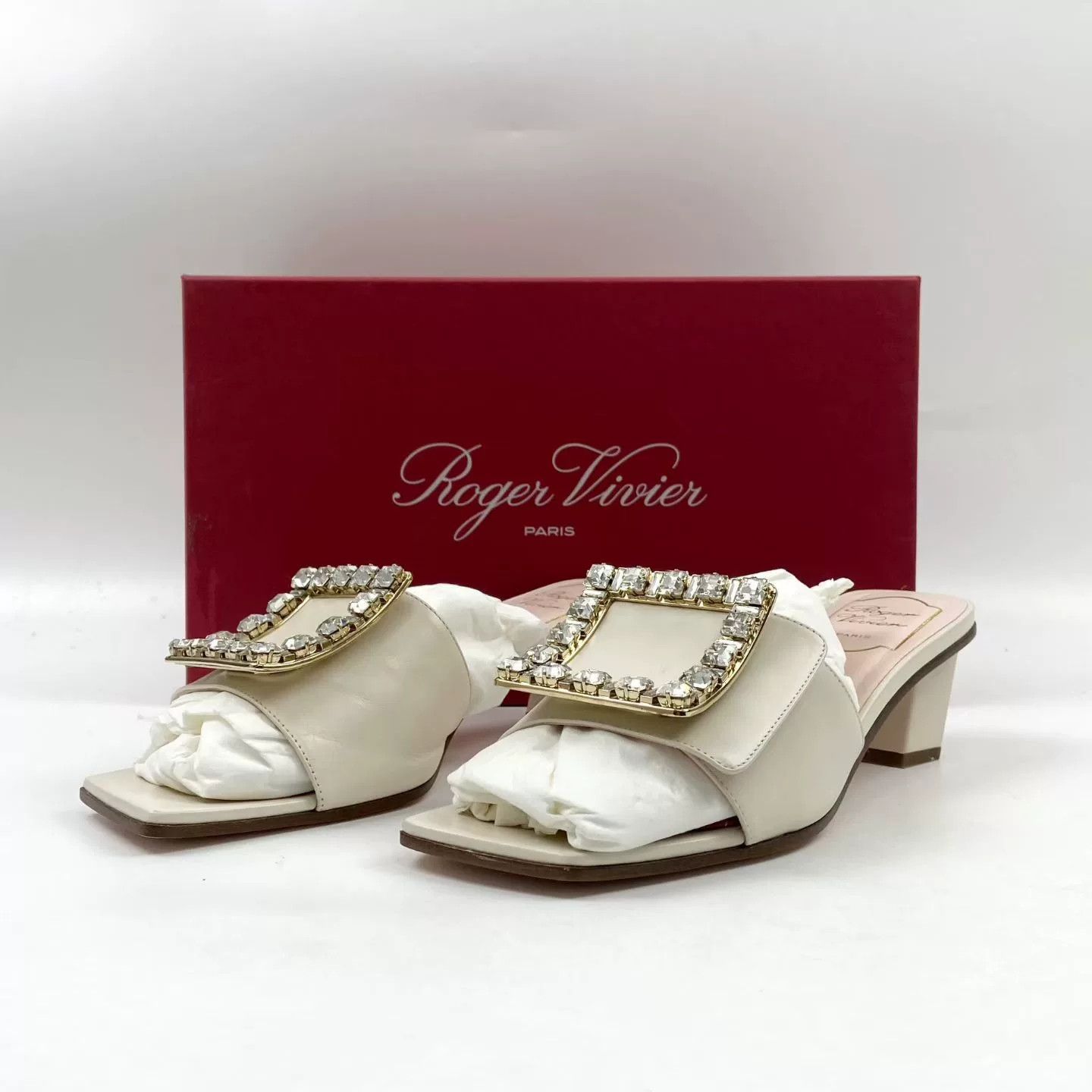 Roger Vivier RV White Diamond Buckle Block Heel Sandals Size US 6 / IT 36 - 1 Thumbnail