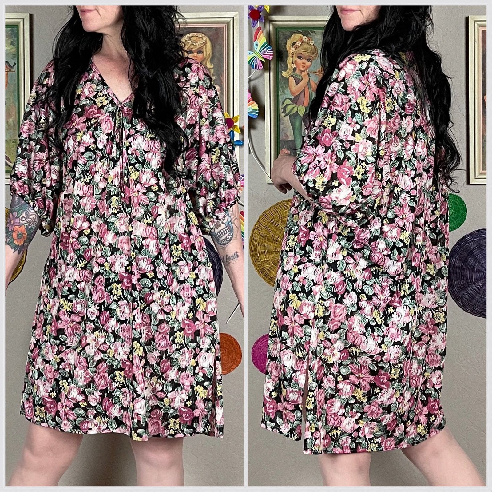 Vintage Vintage 1970s Black Floral Short Sleeve Night Dress Size ONE SIZE - 3 Thumbnail