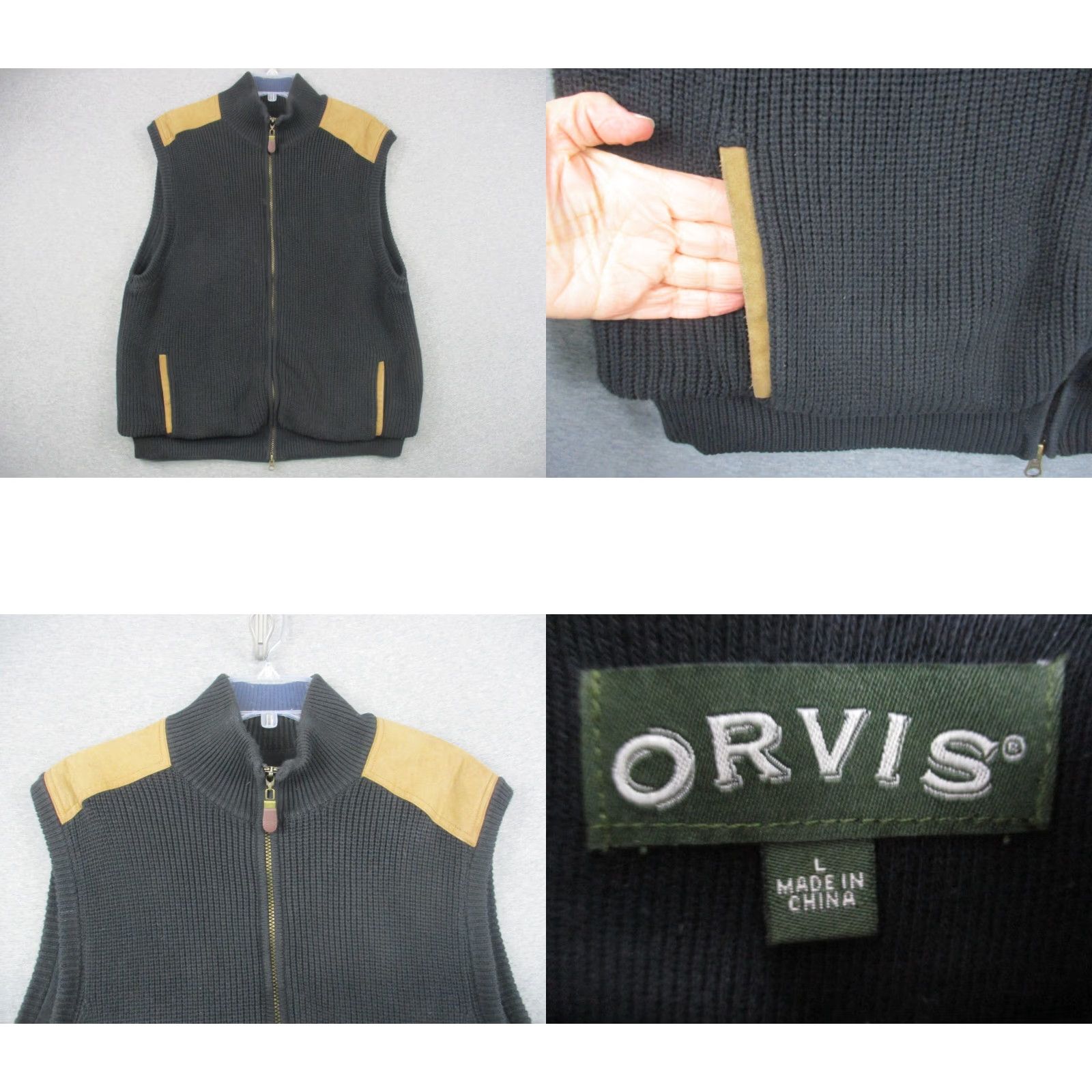 Orvis VINTAGE Orvis Vest Leather Patches Large Black Brown Full Zip Size US L / EU 52-54 / 3 - 9 Thumbnail