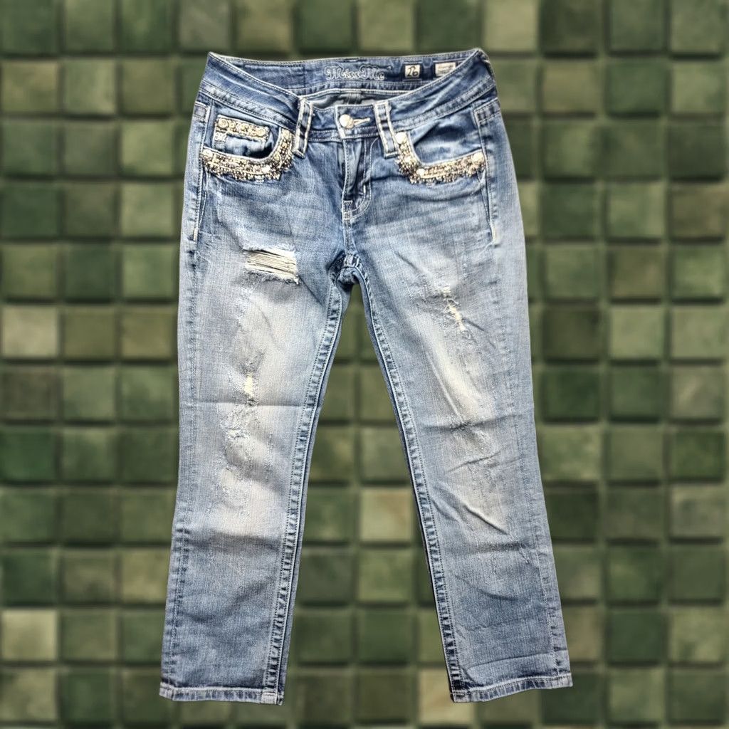 Miss Me Miss Me Capris Womens 26x24 Signature Fit Mid Rise Cropped Stretch Distressed Denim Blue 5-Pocket Embroidered Rhinestone Jeans Size ONE SIZE - 1 Thumbnail
