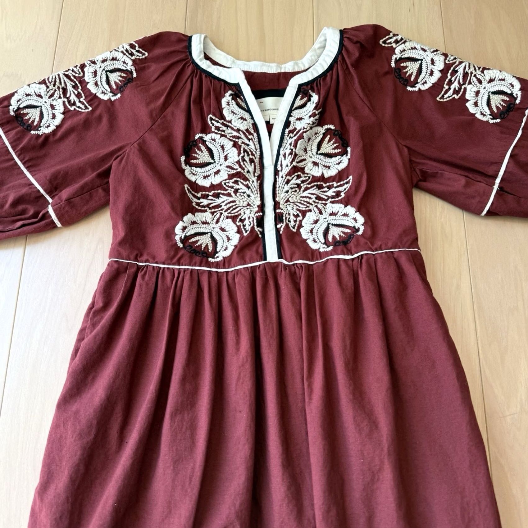 Anthropologie VINTAGE Anthropologie Gretel Embroidered Folk Peasant Maxi Dress XS Maroon Glam Boho Size XS / US 0-2 / IT 36-38 - 3 Thumbnail