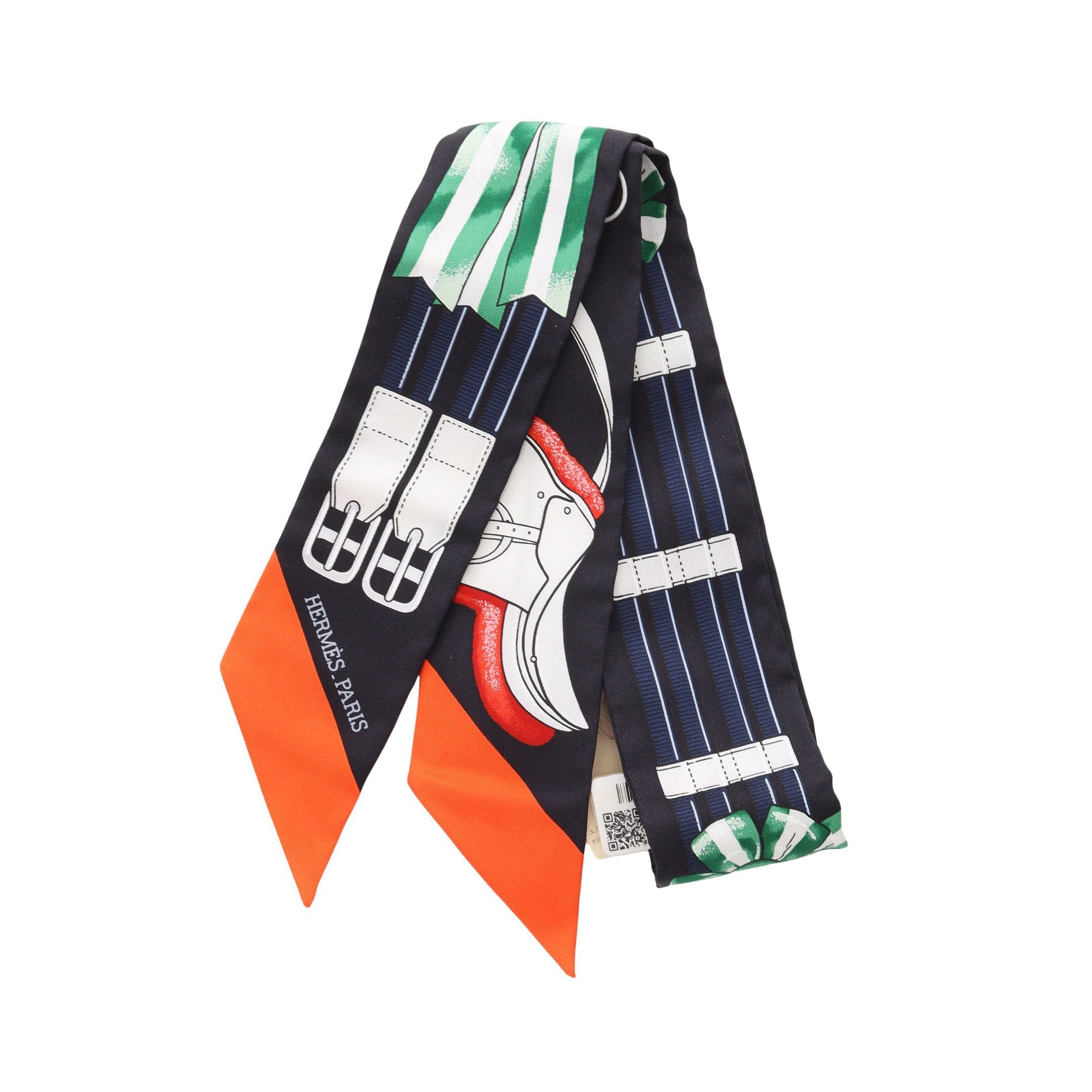 Hermes Twilly Jumping Ribbon Scarf Silk Black Multicolor