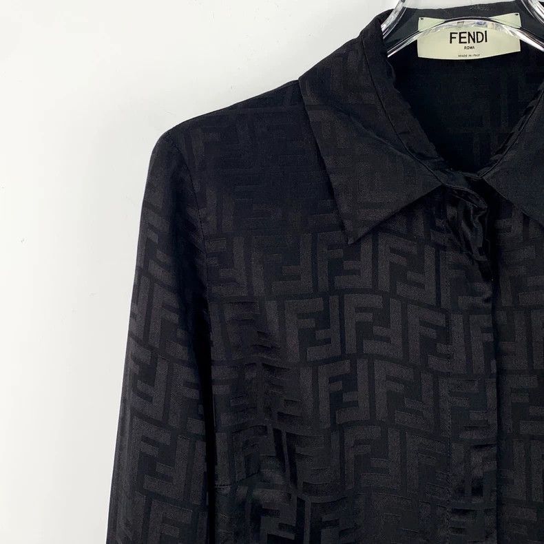 Fendi FENDI Black logo full-print mulberry silk notch collar lon Size XXS / US 00 / IT 34 - 3 Thumbnail