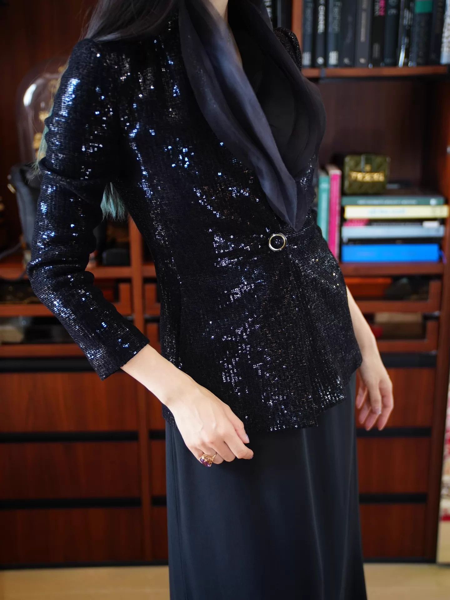 Armani GIORGIO ARMANI Vintage Black Sequin Stretch Suit XS-S Size XS / US 0-2 / IT 36-38 - 1 Thumbnail