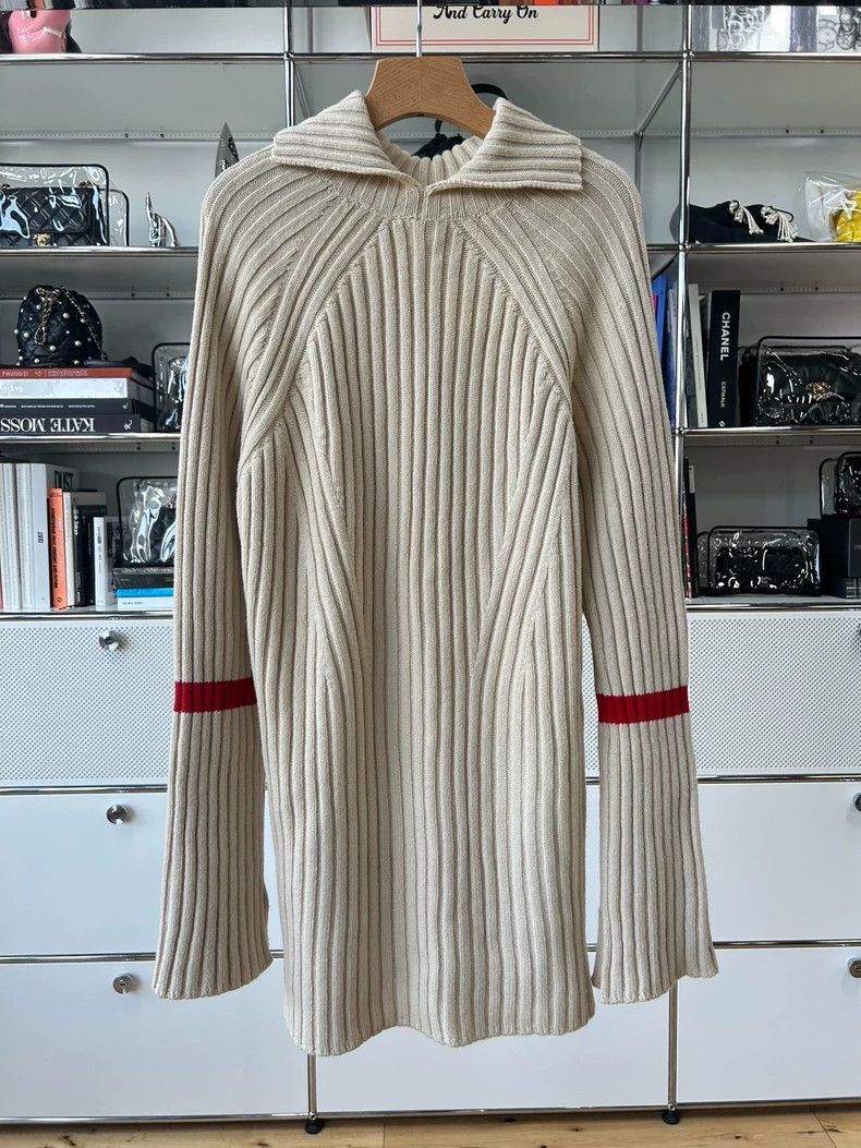 Celine Beige High Neck Knit Sweater with Red Stripe Size US XS / EU 42 / 0 - 2 Thumbnail
