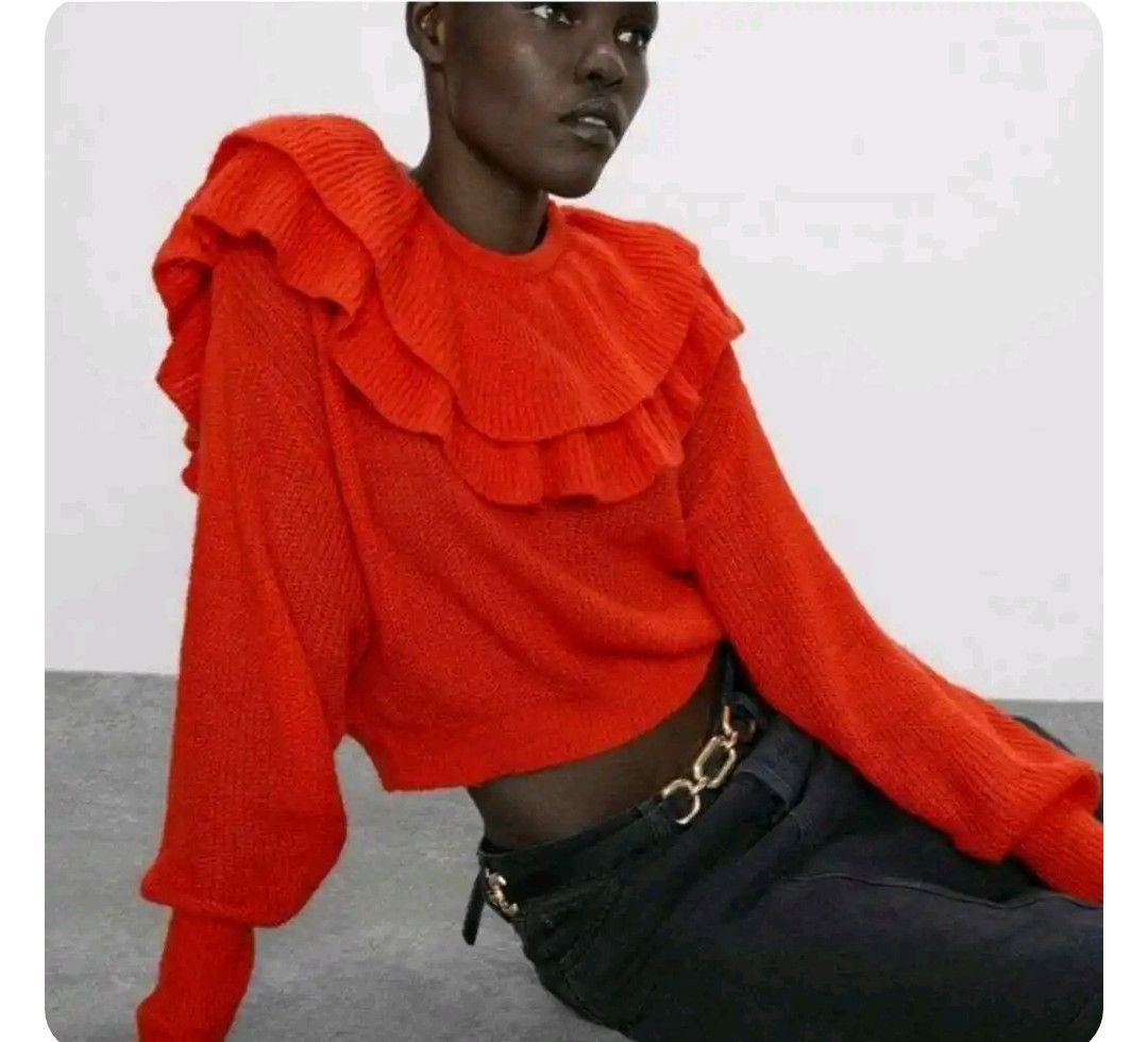 Zara Vibrant red - nice comfy cropped ruffled top! Size M / US 6-8 / IT 42-44 - 2 Thumbnail