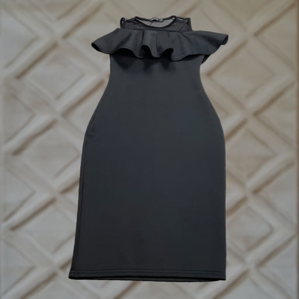 VINTAGE Boohoo Dress Shift Womens 8 Black Ruffle Chiffon Rayon Knee Length  Sheer Round Neck Sleeveless