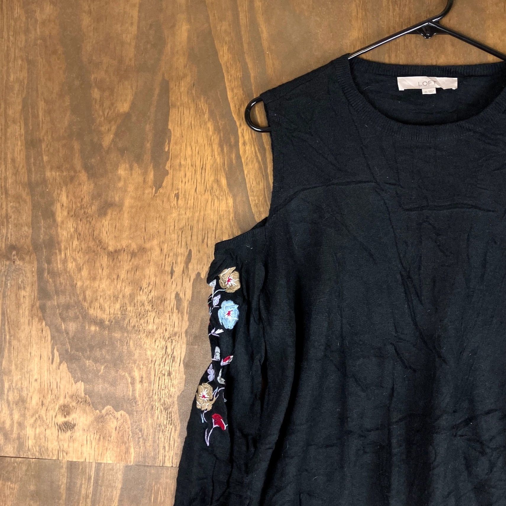 Loft LOFT Womens Sweater Black Floral Embroidered Cold Shoulder Crew Wool Blend XL Size XL / US 12-14 / IT 48-50 - 4 Thumbnail