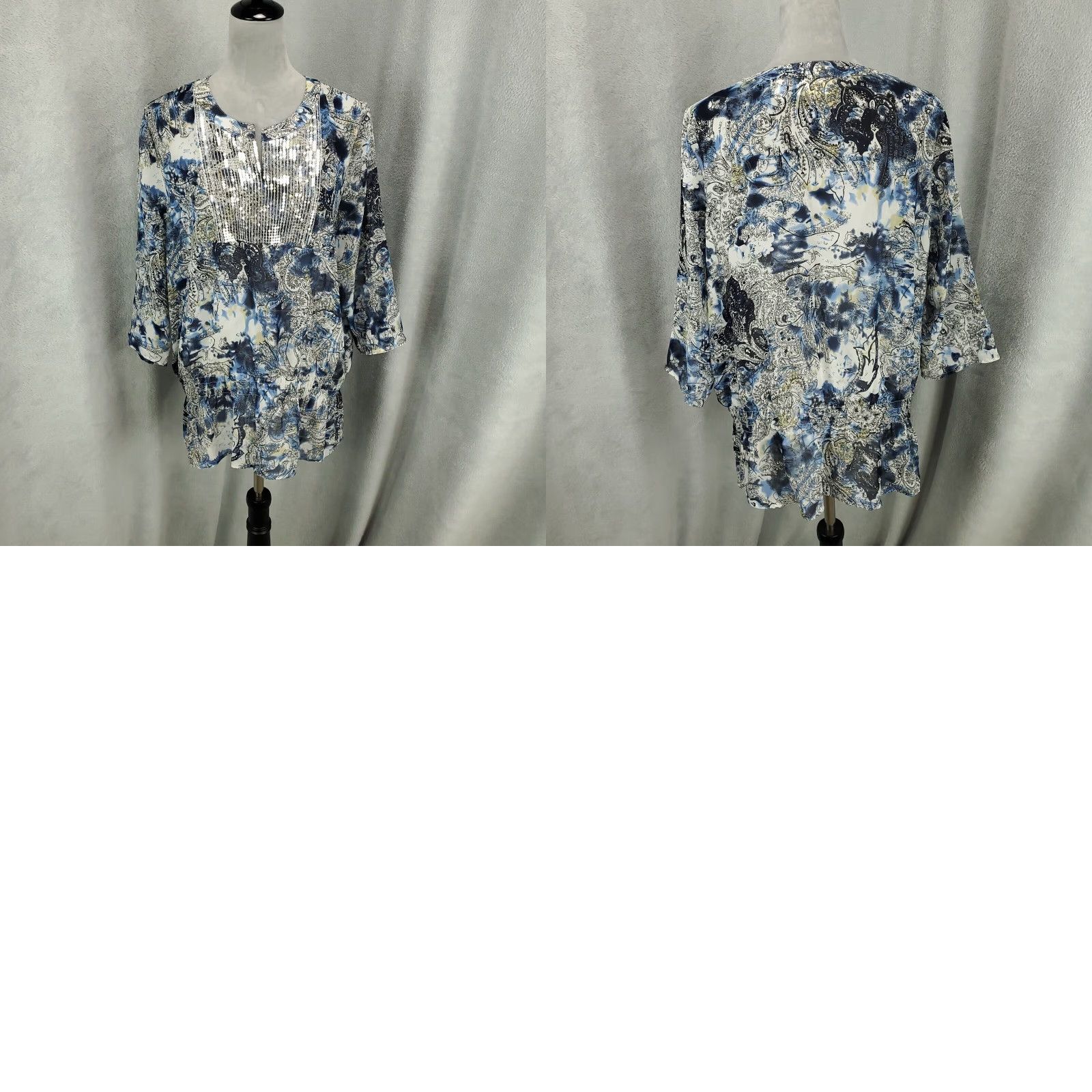 Vintage Chicos Blouse Shirt Womens L White Blue Sequin Neck Embellished V-Neck Pullover Casual Party Cocktail Tunic Size L / US 10 / IT 46 - 8 Thumbnail
