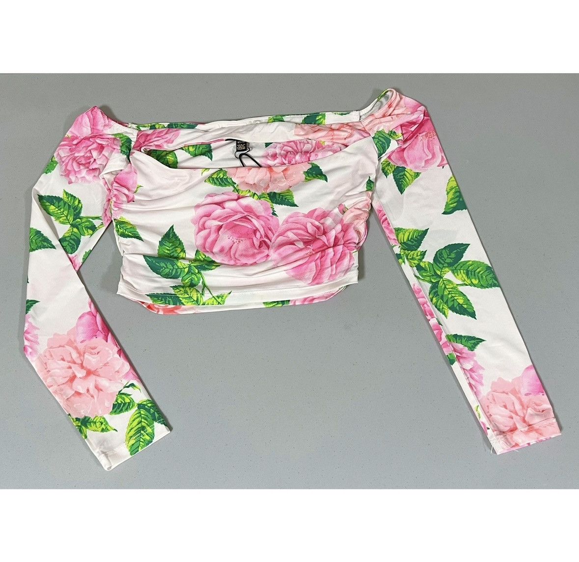 Armani AFRM White Pink Floral Cut-Out Shirt Crop Top Blouse XS 🌷✨ Size XS / US 0-2 / IT 36-38 - 2 Thumbnail