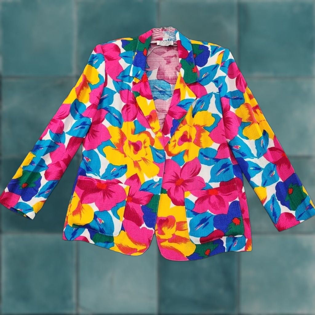 VINTAGE Russ Skirt Suit Set Main Selling Point Floral Multicolor Yellow Pink Blue Pleated 1980s Office Womens L