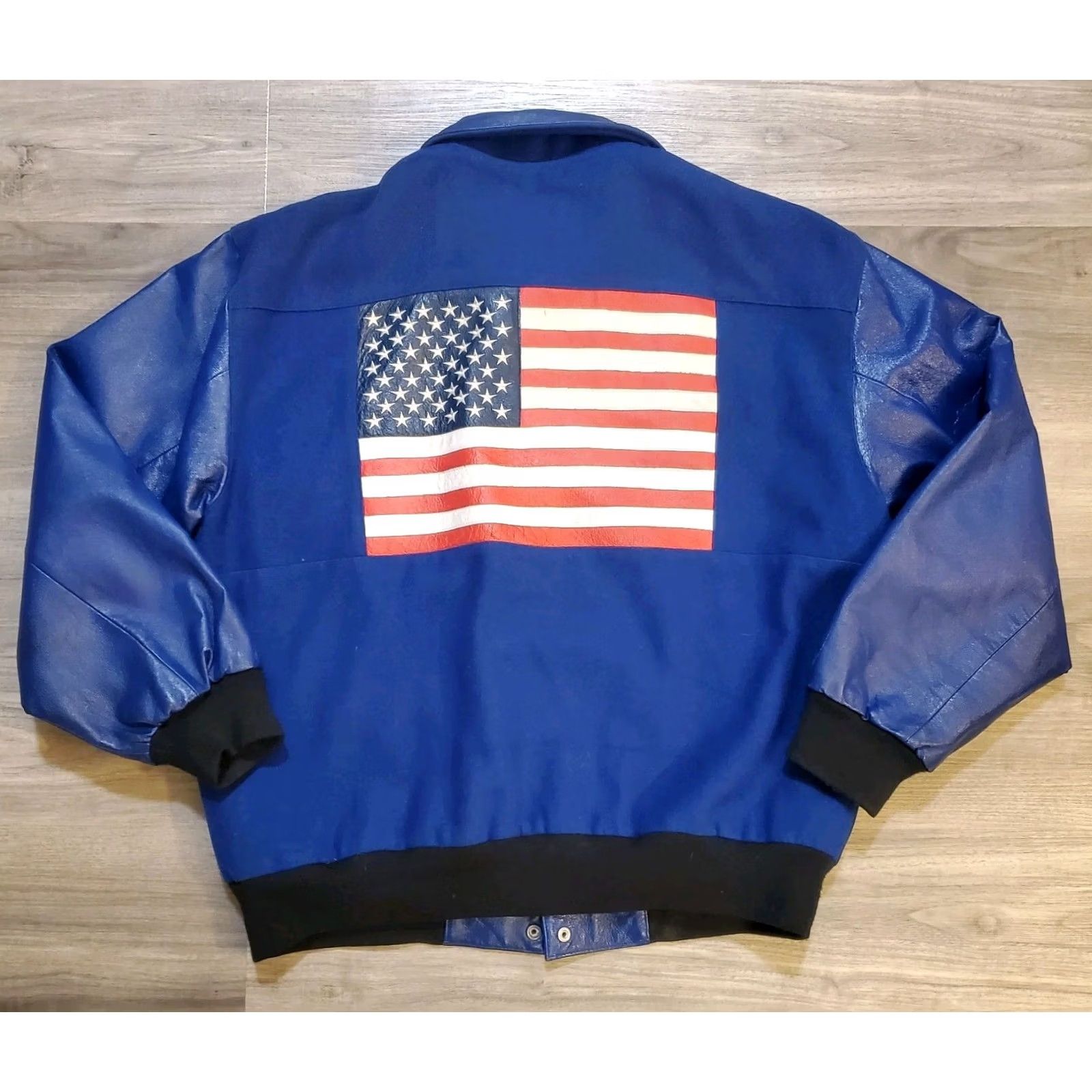 Vintage VINTAGE Unbranded Blue Leather And Wool American Flag Varsity Jacket Mens Sz L Size US L / EU 52-54 / 3 - 2 Thumbnail