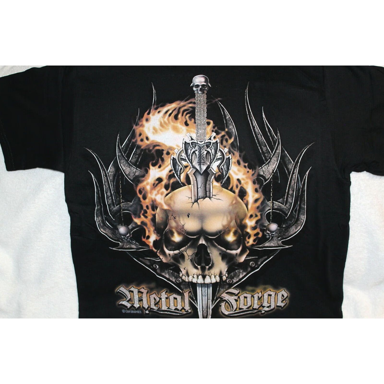 Vintage VINTAGE Graphic T-Shirt Men 100% Cotton Short Sleeve Black Skull Sword Flames Metal Forge 80s Motorbike Size US L / EU 52-54 / 3 - 2 Thumbnail