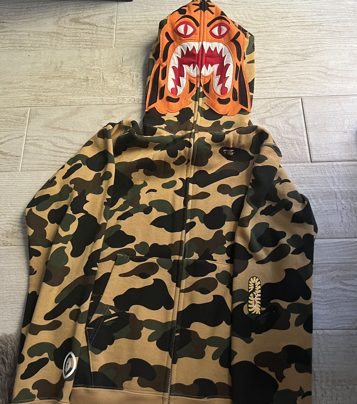 image of Bape 1St Camo Tiger Full Zip Hoodie in Yellow, Men's (Size Small)