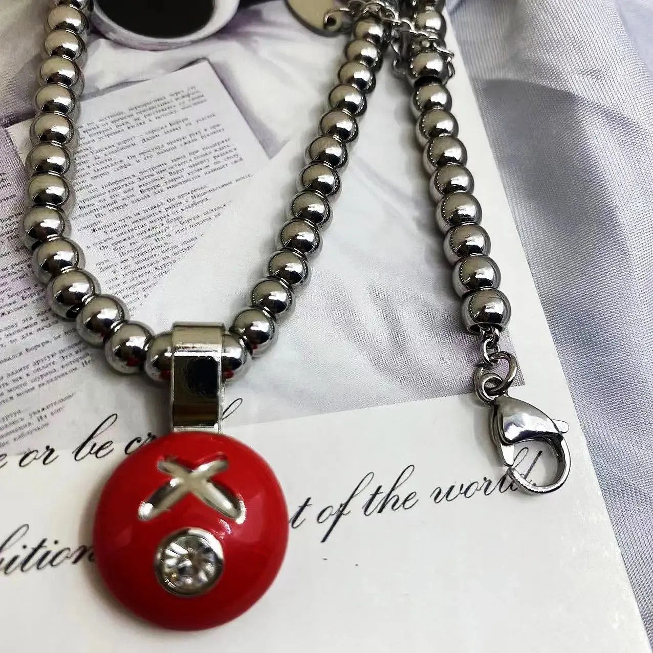 Other Stainless Steel Round Bead Chain Red X Pendant Size ONE SIZE - 4 Thumbnail