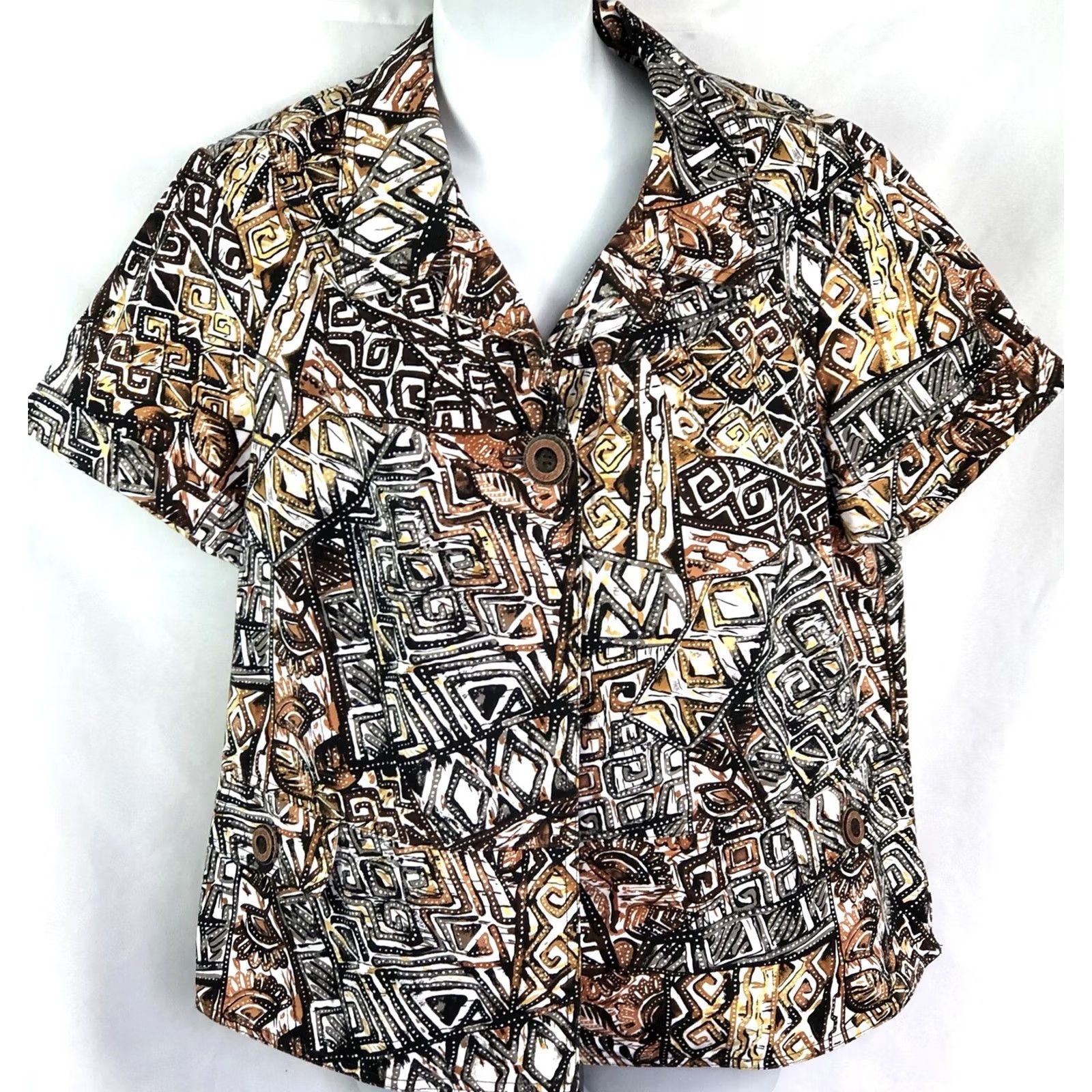 Vintage Christopher Banks Shacket XL Brown/Black Tribal Aztec Boho Cardigan Short Sleeve Button Shirt Women Size XL / US 12-14 / IT 48-50 - 2 Thumbnail
