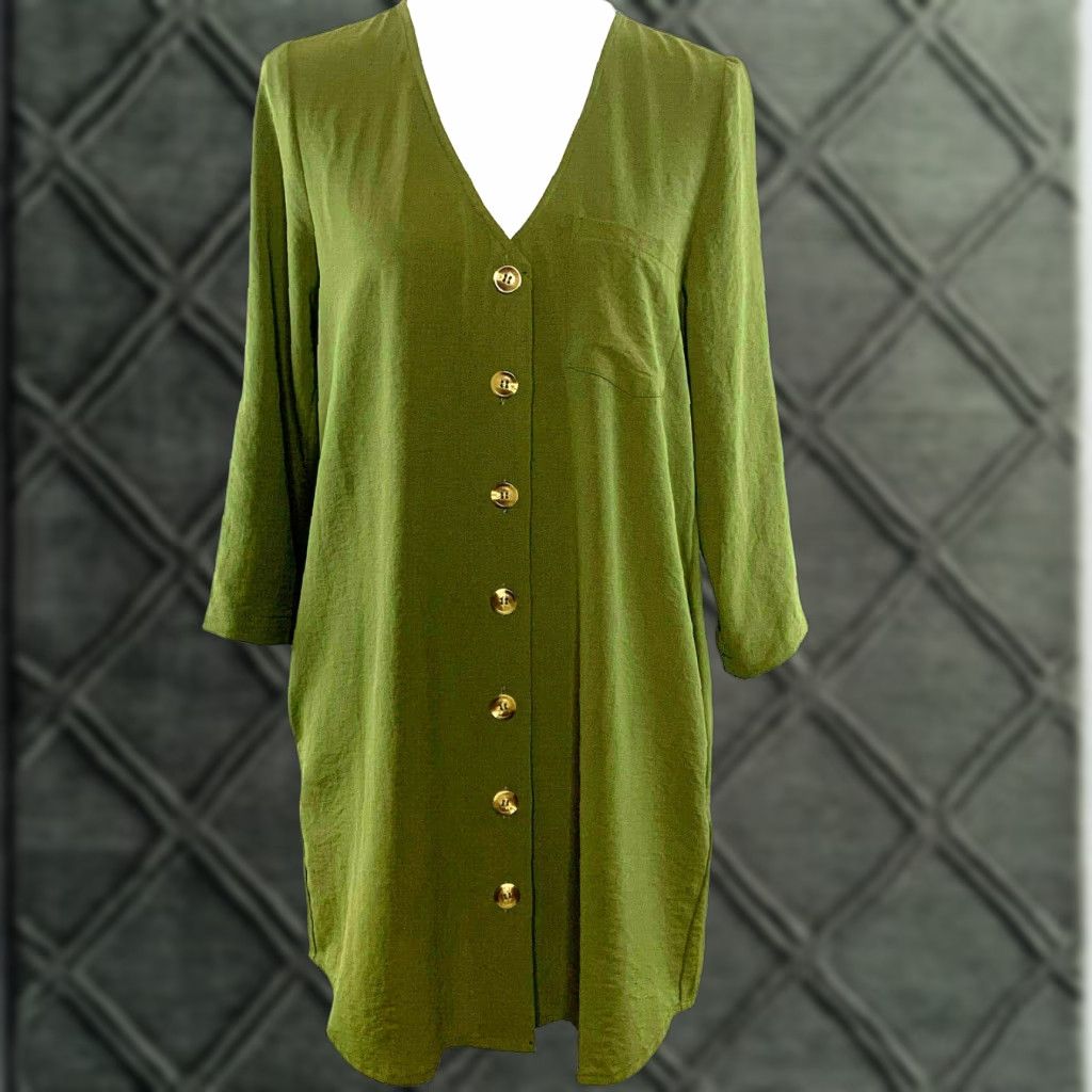 Olive Entro Womens S Tunic Top Button-Up 3/4 Sleeve Olive Green Blouse Dress Size S / US 4 / IT 40 - 1 Thumbnail