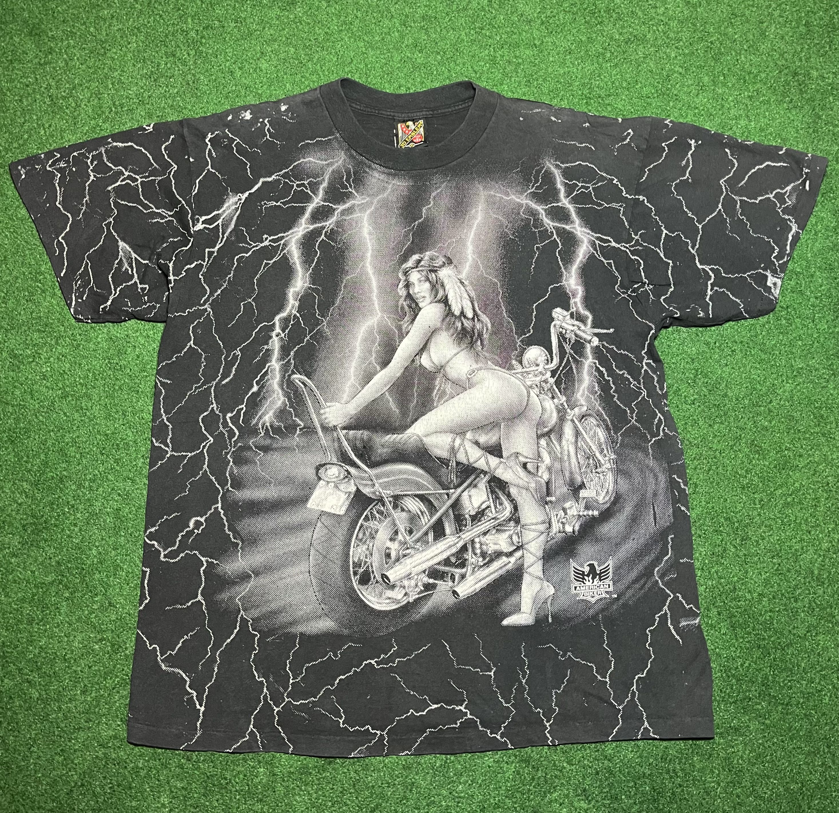 image of Vintage 3D Emblem Biker Girl All Over Print Tshirt in Black, Men's (Size XL)