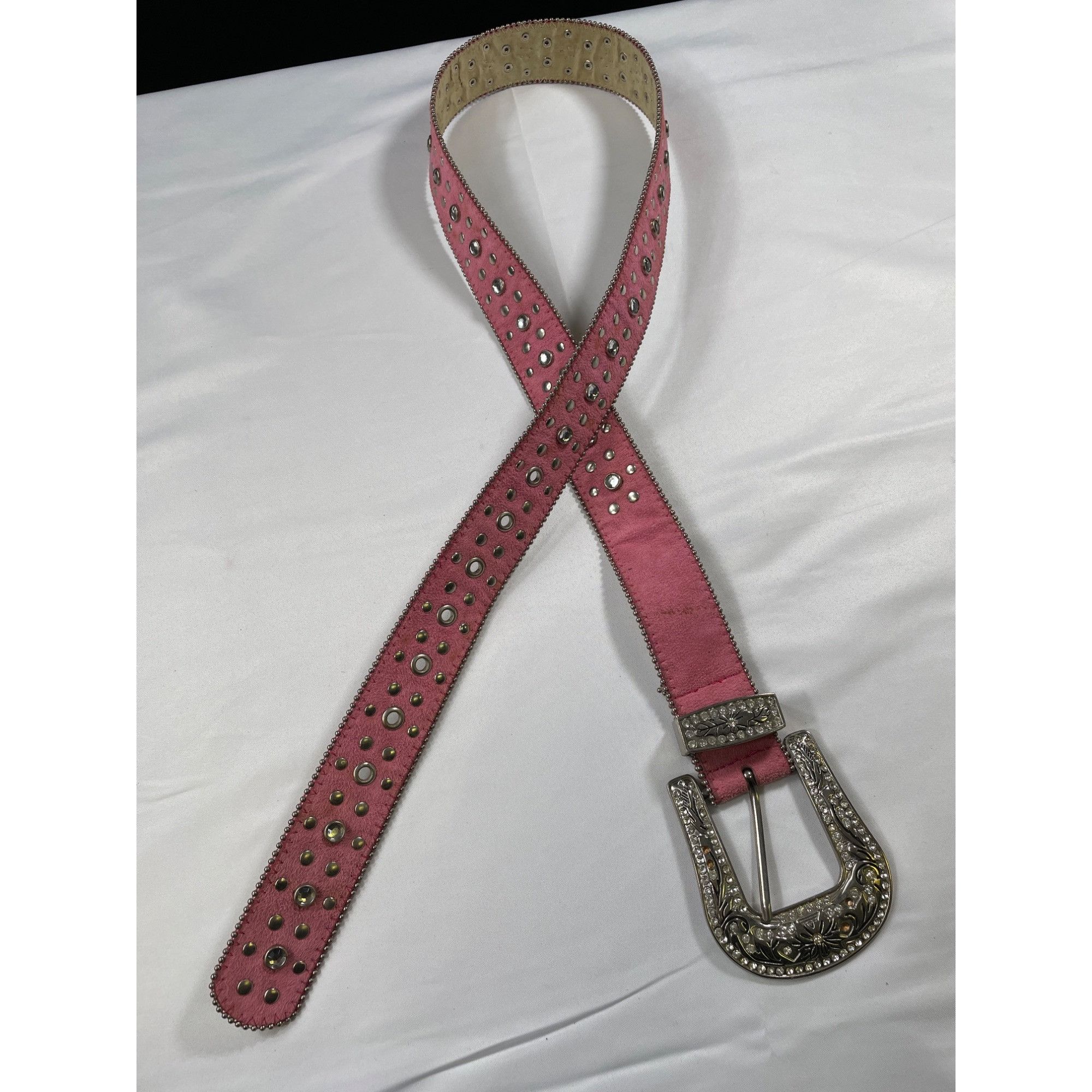 Designer Pink Studded Leather Belt With Rhinestone Buckle SKIU 7590 Size ONE SIZE - 2 Thumbnail