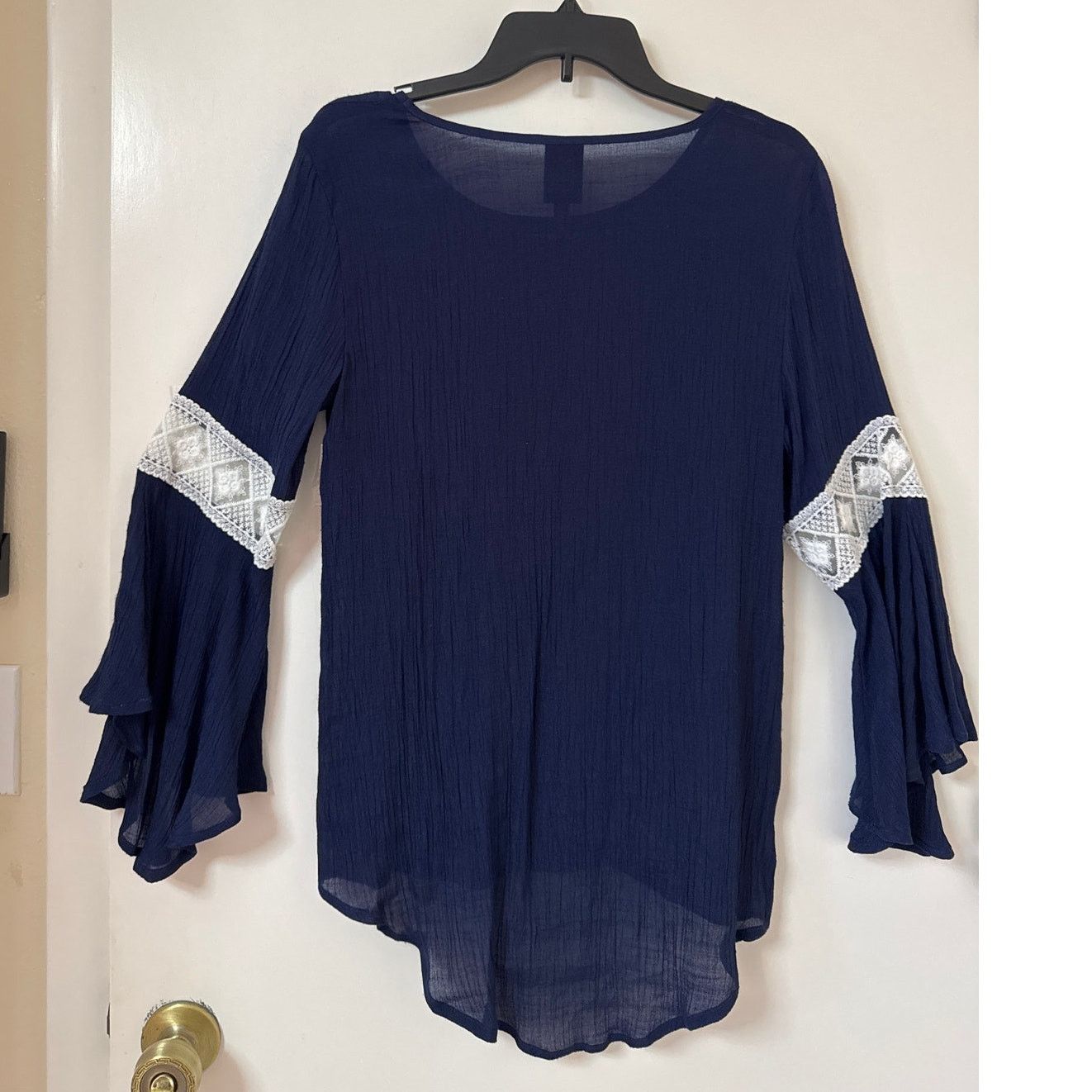 Other Rendezvous Large, Crêpe Navy Blue Blouse, Bell Sleeves Lace Size L / US 10 / IT 46 - 2 Thumbnail
