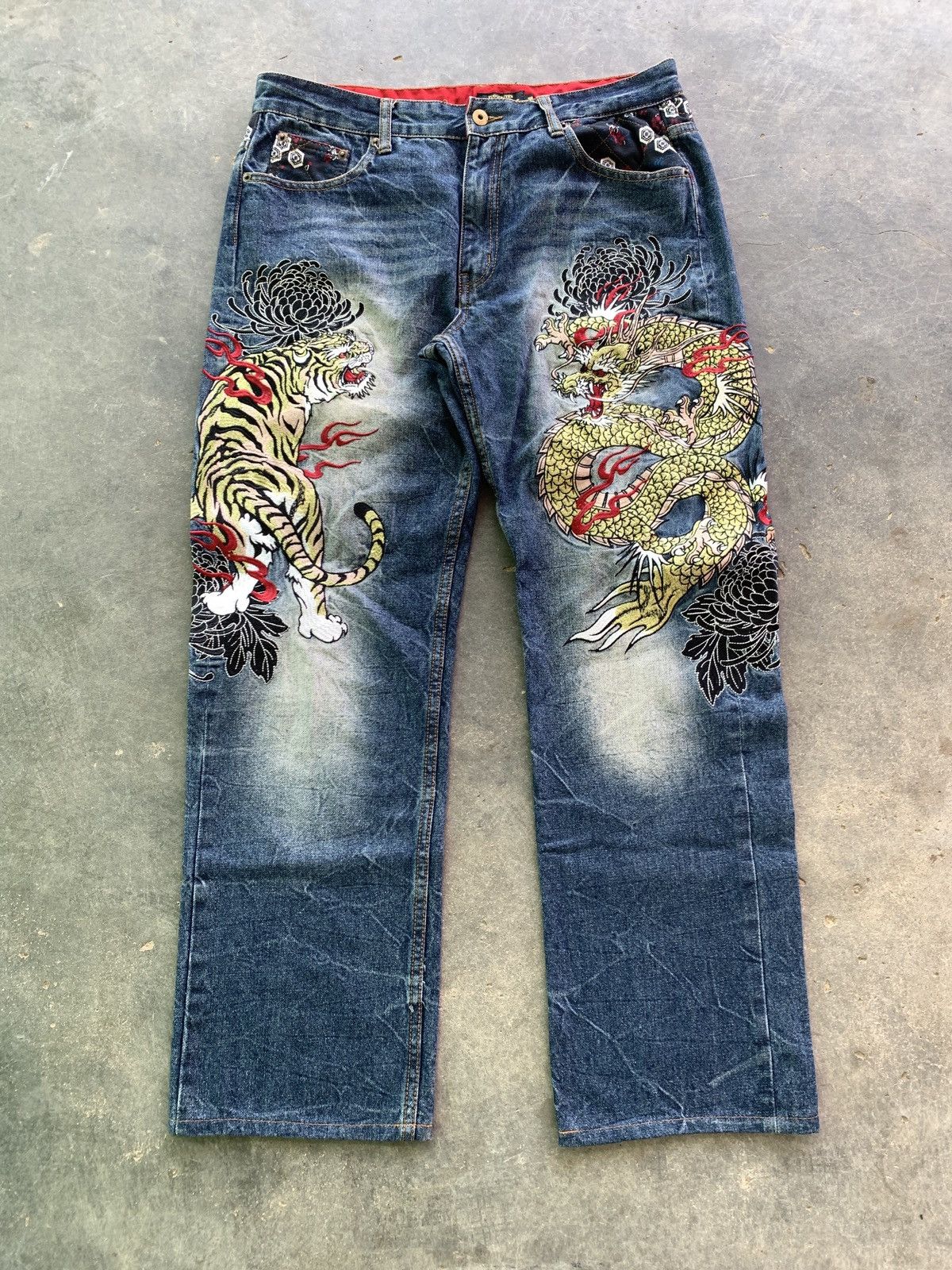 image of Sukajan Souvenir Jacket (Sold)00S Fugutaiten Embroidery Pant in Blue, Men's (Size 34)