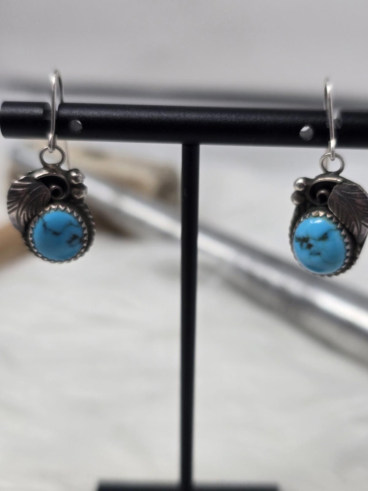 Sterling Silver Sterling Turquoise Dangle Earrings Leaf AMB Signed Size ONE SIZE - 1 Thumbnail