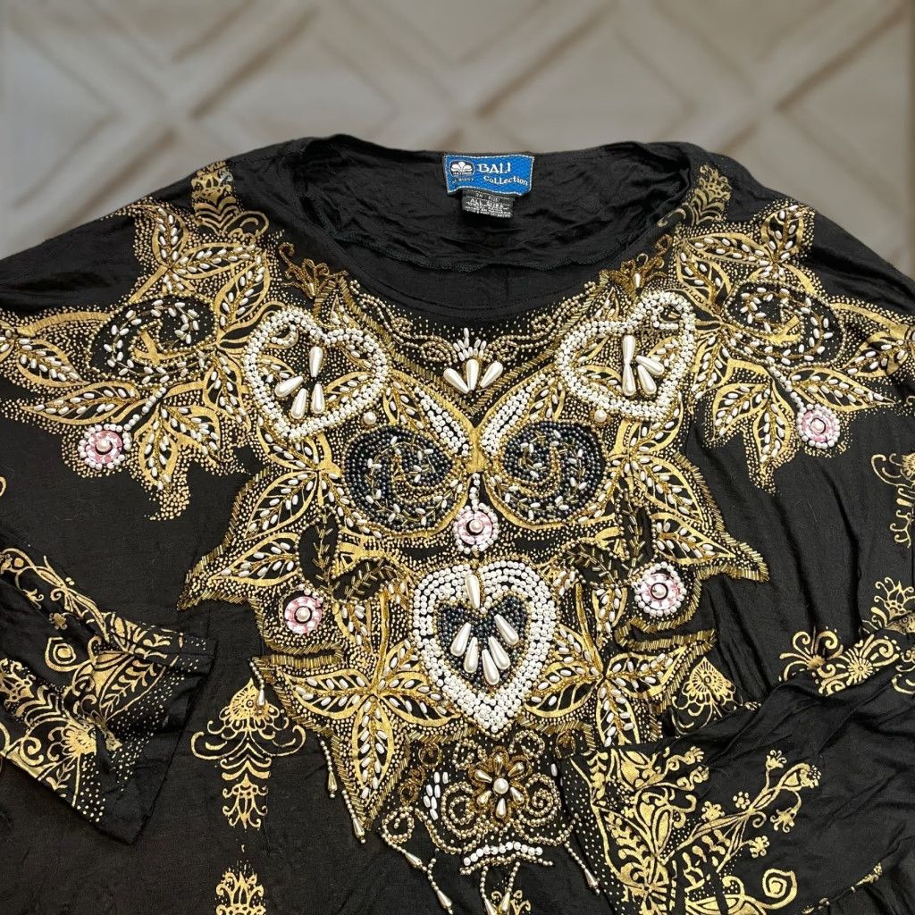 Vintage Bali Blouse Womens One Size Black Gold Beaded Shiny Hearts Soft Size ONE SIZE - 1 Thumbnail