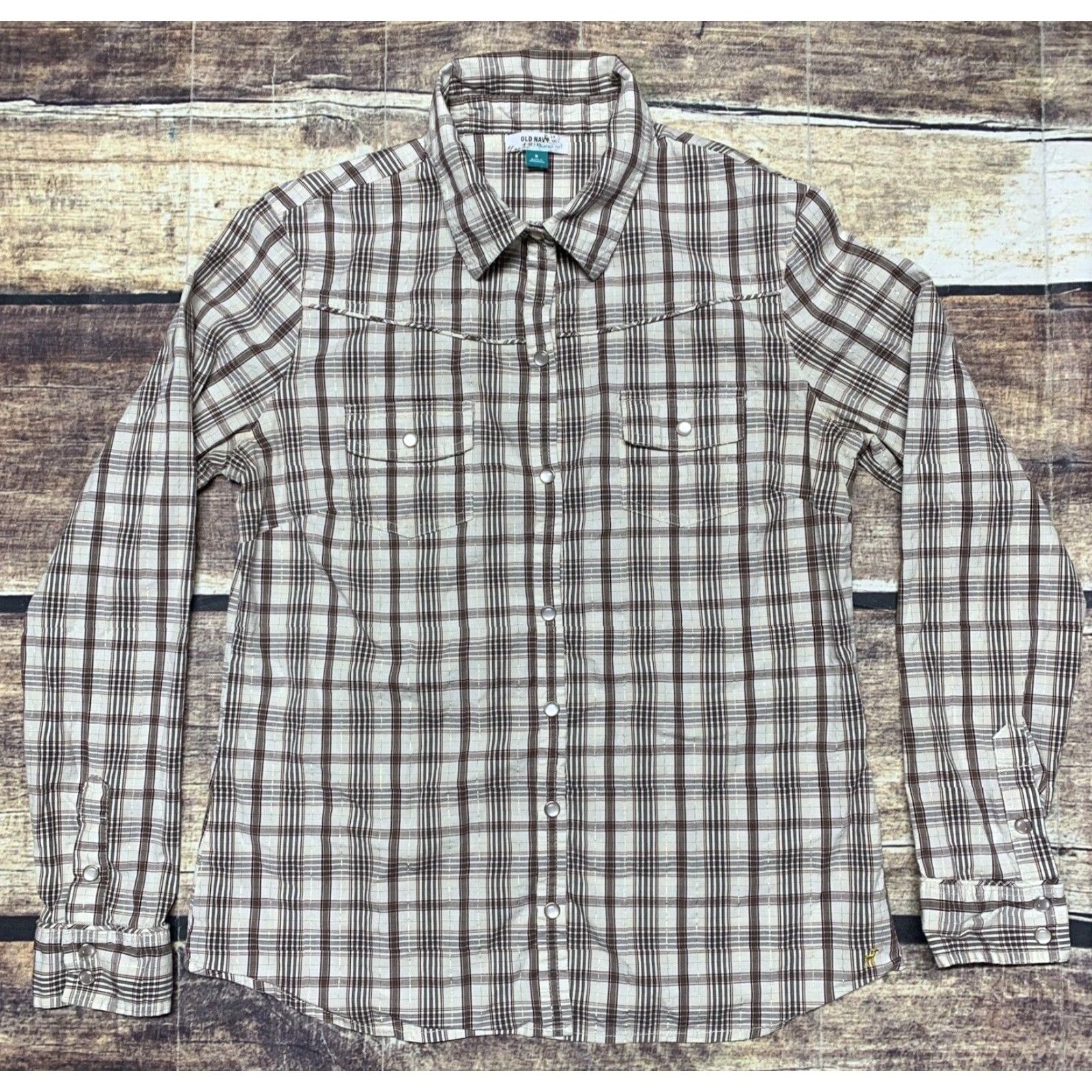 Old Navy Old Navy Pearl Snap Shirt Mens Regular M Brown White Plaid 2 Pockets Western Style Size US M / EU 48-50 / 2 - 6 Thumbnail