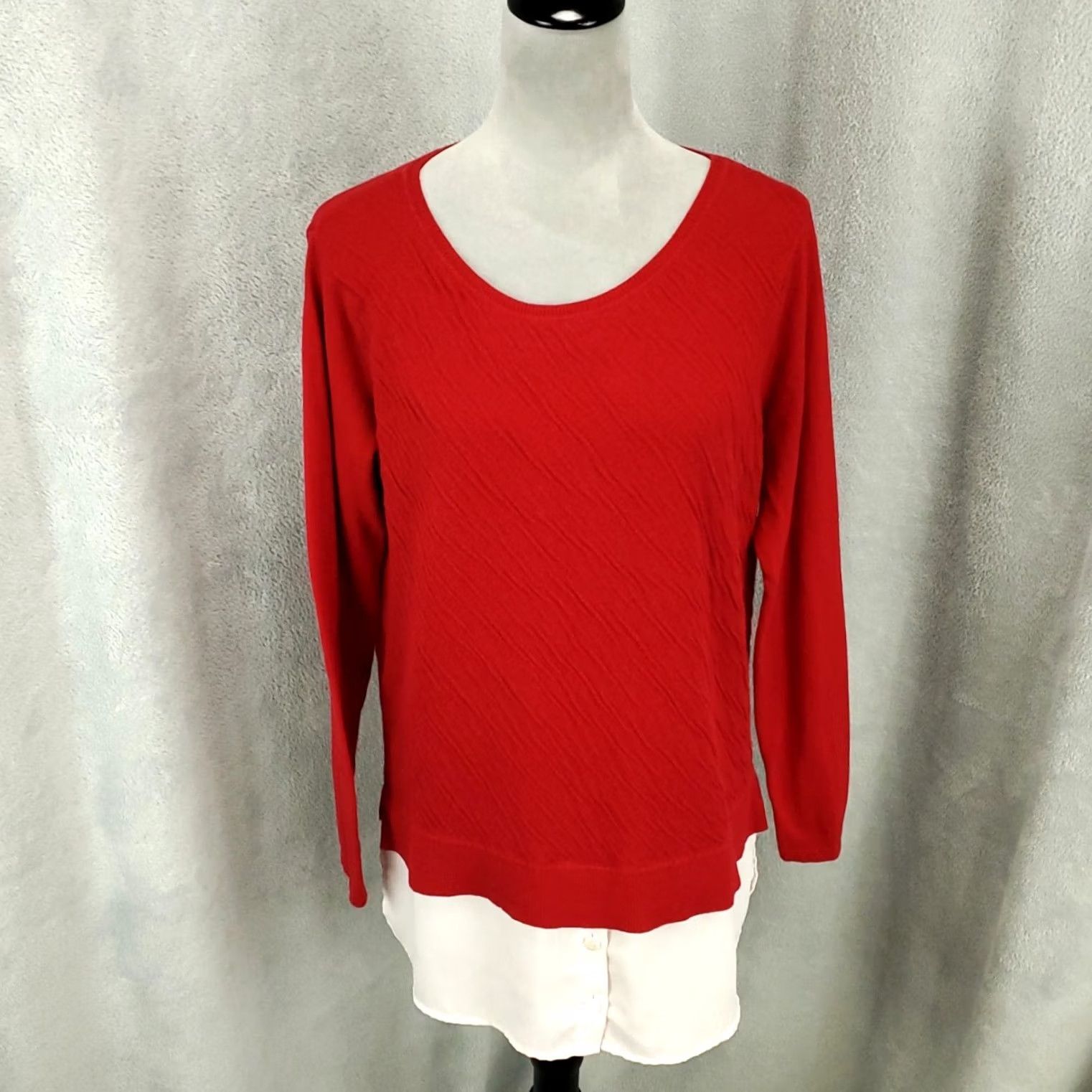 Vintage John Mark Womens Medium Red White Lining Knit Pullover Two Piece Set Top Blouse Tunic Casual Sleeve Round Neck Size M / US 6-8 / IT 42-44 - 2 Thumbnail