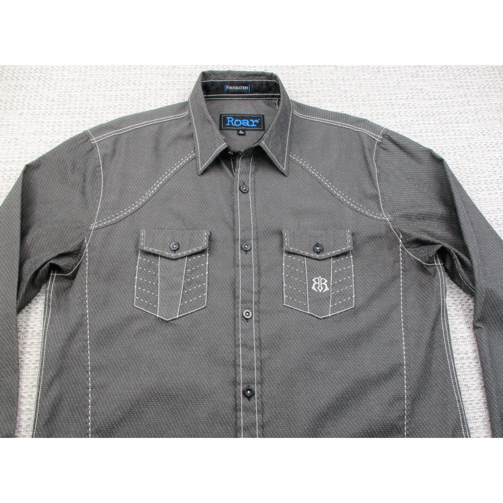Roar Roar Foundation Shirt Mens Large Gray Western Pearl Snap Contrast Stitch Pockets Size US L / EU 52-54 / 3 - 5 Thumbnail