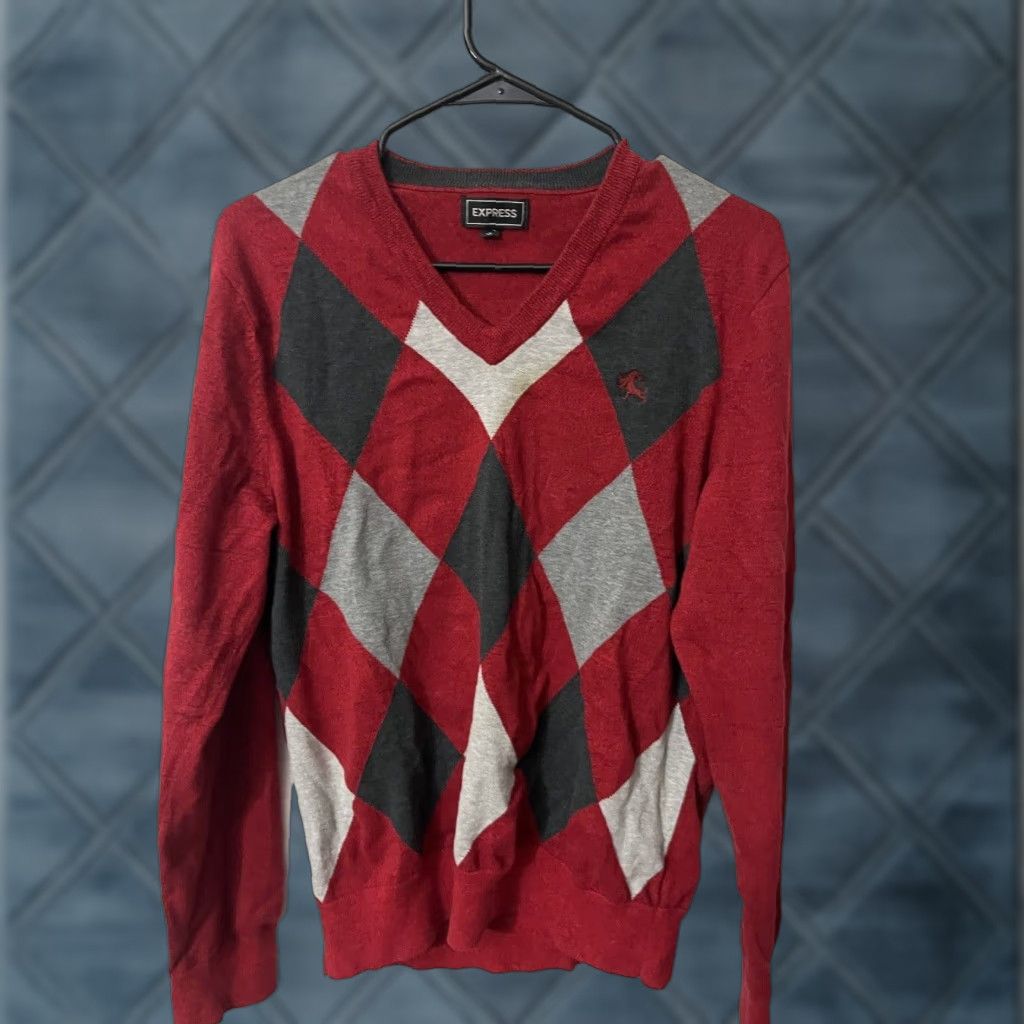 Express Express Sweater Mens Size M Red Argle Diamond V Neck Long Sleeve Classic Knit Pullover Size US M / EU 48-50 / 2 - 1 Thumbnail